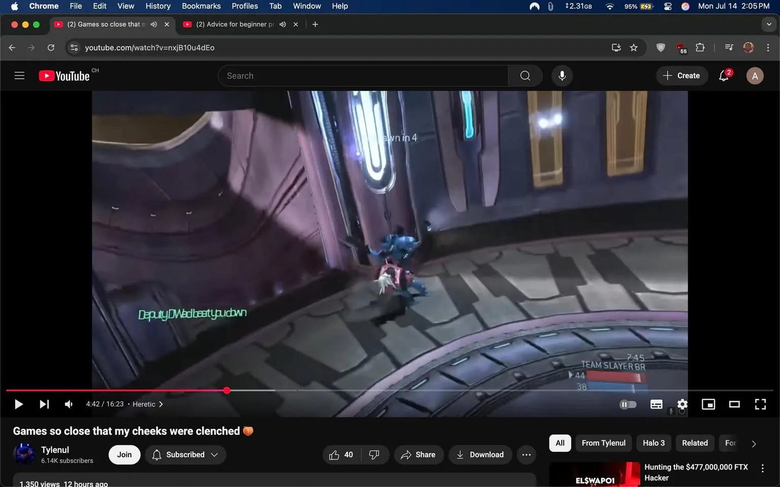 The image captures a scene from a video game, specifically a moment from "Halo 3," as indicated by the interface elements. The setting appears to be an enclosed, futuristic arena with smooth, metallic surfaces and a circular floor design featuring alternating dark and light patterns. The walls are adorned with glowing blue and white lights, contributing to a sci-fi atmosphere.

In the foreground, two characters are engaged in a close combat scenario. One character, dressed in a blue armor suit, is positioned in a defensive stance, while the other character, clad in red armor, is in a more aggressive posture, seemingly preparing to attack. The blue character's body language suggests tension, possibly indicating a defensive or reactive state. The red character appears to be lunging or striking, which adds a sense of urgency and action to the scene.

Above the characters, there is a text overlay that reads "DeputyJMedbeatyoudown," likely indicating the player's username or gamertag. This adds a personal touch to the gameplay, suggesting a competitive environment. The game interface also displays a timer and score indicators, enhancing the competitive context of the moment.

The mood of the scene is intense, reflecting the high stakes of the gameplay. The characters' positioning and the dynamic action suggest a moment of critical engagement, where both players are focused and possibly feeling adrenaline. The overall tone is competitive and thrilling, characteristic of multiplayer gaming experiences.

In the background, the arena's design features a blend of curved and angular elements, with a prominent circular platform that draws the eye to the center of the action. The lighting creates shadows and highlights, enhancing the three-dimensional feel of the environment.

This image encapsulates the excitement and tension of a multiplayer gaming session, where players are deeply immersed in their roles, competing for victory in a visually striking and technologically advanced setting. The combination of character dynamics, environmental design, and user interface elements creates a vivid snapshot of the gaming experience.