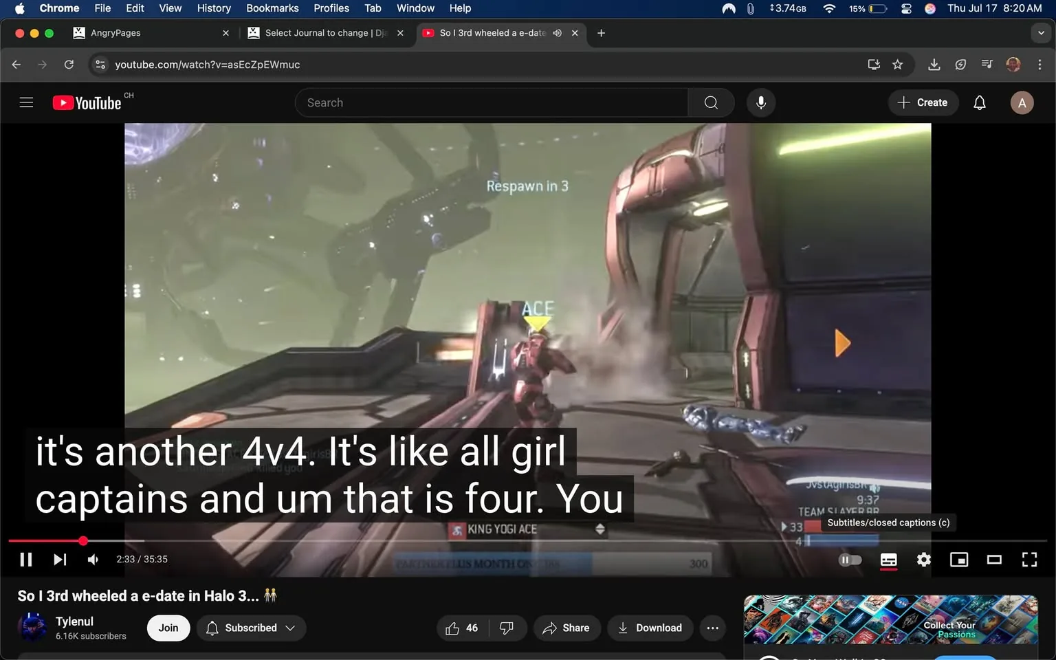 - subjects: video game characters, HUD elements, weapons  
- actions: character respawning, shooting, moving, displaying player names  
- context: YouTube interface, gameplay footage, "Respawn in 3" text, "KING YOGI ACE" label, gaming environment  
- risks: none apparent  
- mood: competitive, energetic, casual