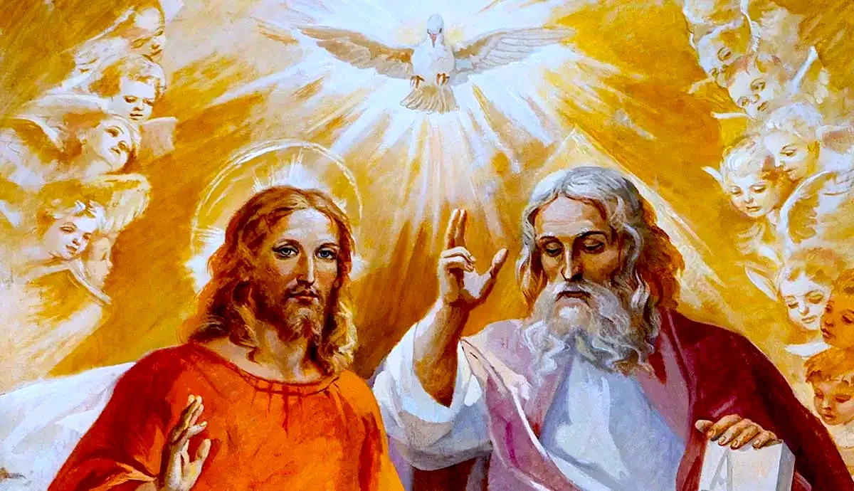 The image depicts a religious scene featuring three central figures: a man with long, flowing hair and a beard, dressed in a reddish-orange robe, who appears to be Jesus; a second man, also bearded, with long gray hair and a white robe, representing God the Father; and a dove, symbolizing the Holy Spirit, descending from above. The background is a radiant golden hue, suggesting divine light, with soft, ethereal clouds and several cherubic faces peering from the upper corners, enhancing the heavenly atmosphere.

Jesus stands on the left, his expression serene and contemplative, with a slight smile that conveys compassion. His right hand is raised in a gesture of blessing or acknowledgment, while his left hand rests at his side, fingers slightly curled. His robe is adorned with a simple neckline, and his hair cascades in soft waves, framing his face.

God the Father is positioned on the right, his expression more authoritative yet gentle. He raises his right hand, fingers extended in a gesture that suggests teaching or commanding, while his left hand holds a book, possibly symbolizing wisdom or scripture. His robe is predominantly white, with a purple mantle draped over his shoulder, indicating royalty or divinity. His long beard and hair are depicted with intricate details, emphasizing age and wisdom.

The dove, centrally placed above them, is depicted in flight, wings outstretched, symbolizing peace and the presence of the Holy Spirit. The light emanating from the dove creates a halo effect, illuminating the figures below and enhancing the divine ambiance of the scene.

The overall tone of the image is one of reverence and tranquility, evoking feelings of faith and spirituality. The arrangement of the figures suggests a harmonious relationship among the Holy Trinity, with Jesus and God the Father positioned closely, indicating their connection. The cherubic faces in the background add a layer of innocence and purity, reinforcing the sacred nature of the scene.

This image may resonate differently across cultures, particularly among Christian communities, where it symbolizes core beliefs about the nature of God and the Holy Trinity. The depiction of divine figures can evoke strong emotions, ranging from awe to contemplation, depending on the viewer's background and beliefs.