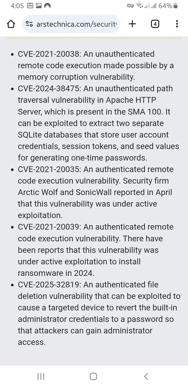 The image displays a screenshot of a webpage from Ars Technica, specifically focusing on security vulnerabilities. The text is presented in a bullet-point format, detailing various Common Vulnerabilities and Exposures (CVEs). 

1. **CVE-2021-20038**: Describes an unauthenticated remote code execution vulnerability linked to memory corruption.
2. **CVE-2024-38475**: Highlights a path traversal vulnerability in Apache HTTP Server, affecting the SMA 100, which can expose sensitive SQLite databases.
3. **CVE-2021-20035**: Notes an authenticated remote code execution vulnerability, reported to be actively exploited.
4. **CVE-2021-20039**: Discusses another authenticated remote code execution vulnerability, with reports of its exploitation for ransomware in 2024.
5. **CVE-2025-32819**: Details an authenticated file deletion vulnerability that can allow attackers to gain administrator access.

The tone is technical and informative, aimed at cybersecurity professionals. There are no identifiable individuals, emotions, or gestures in the text. The content is sensitive, focusing on security risks that could have significant implications for users and organizations.