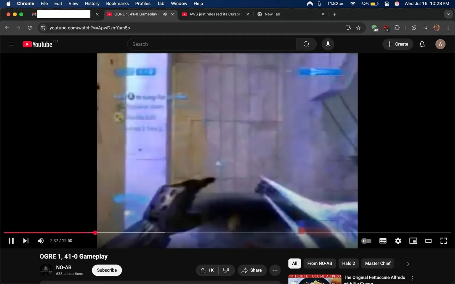 The image displays a screenshot from a YouTube video titled "OGRE 1, 41-0 Gameplay," featuring gameplay footage from a first-person shooter, likely "Halo 2." The screen shows a player's perspective, with a focus on the player's hands holding a weapon, possibly a shotgun, as indicated by the shape and design. 

In the background, there is a wall with a light-colored texture, possibly concrete, and some blue interface elements indicating game status or objectives. Text on the screen includes "Not enough ammo," suggesting the player is low on ammunition. The video is at the 2:37 mark of a 12:50 duration, indicating a moment in the gameplay.

The overall tone appears competitive, showcasing skill and strategy in the game. There are no identifiable public figures or sensitive content present. The composition emphasizes action and engagement typical of gaming content, with no explicit gestures or emotions displayed.