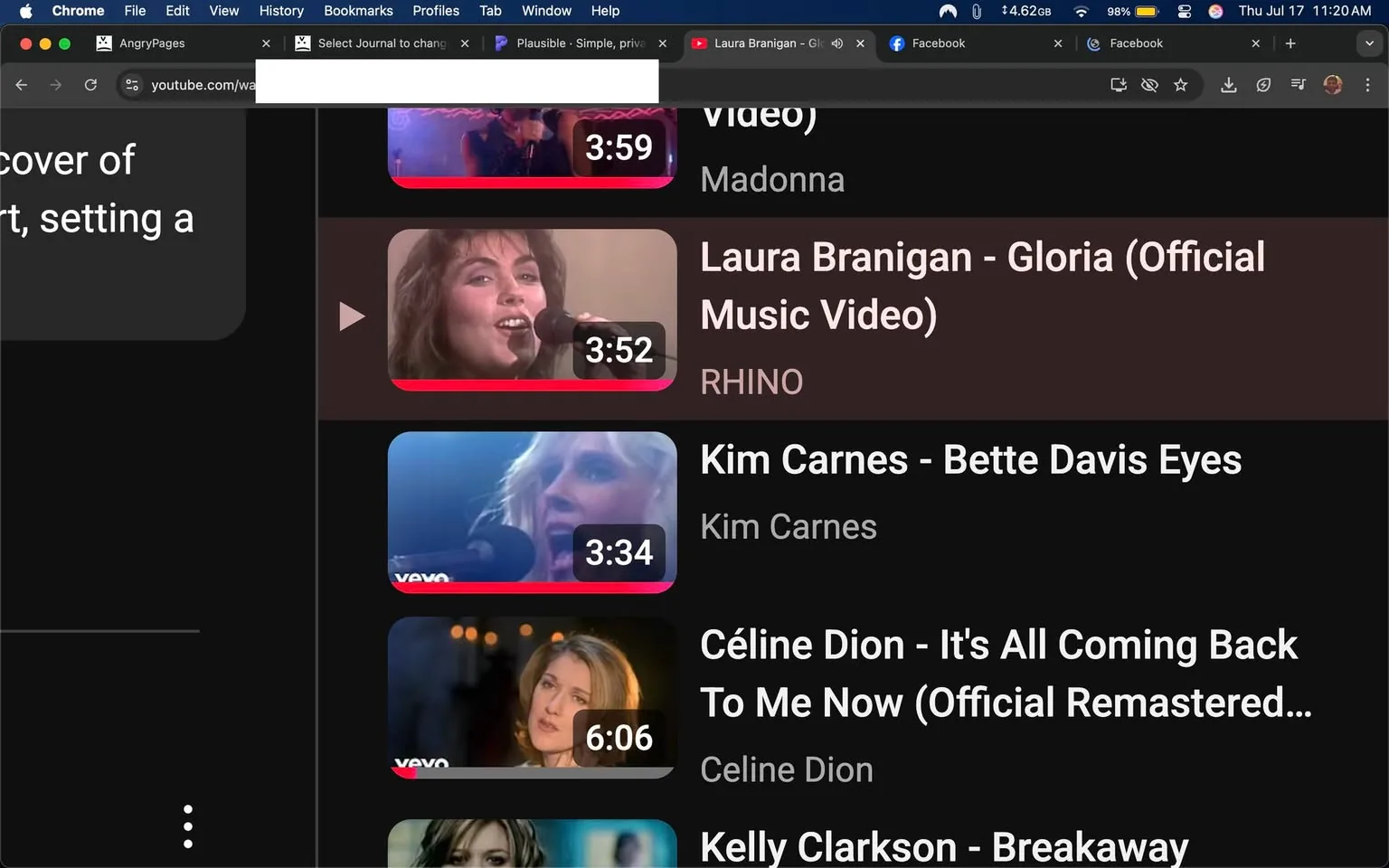 The image displays a screenshot of a YouTube interface featuring a playlist of music videos. At the top, there’s a video thumbnail for Madonna, labeled "Madonna" with a duration of 3:59. Below it, the thumbnail for Laura Branigan's "Gloria (Official Music Video)" is prominently featured, showing a close-up of Branigan singing passionately into a microphone, with the text "Laura Branigan - Gloria (Official Music Video)" and the brand "RHINO" visible. The duration is noted as 3:52.

Further down, there’s a thumbnail for Kim Carnes' "Bette Davis Eyes" with a duration of 3:34, followed by a video for Celine Dion's "It's All Coming Back to Me Now (Official Remastered...)" lasting 6:06. Lastly, Kelly Clarkson's "Breakaway" is also listed.

The overall tone of the playlist suggests a nostalgic theme, focusing on iconic female artists from the past. The emotional expressions of the artists in the thumbnails convey passion and intensity, which may resonate with viewers seeking powerful performances. No explicit or controversial content is visible in this screenshot.