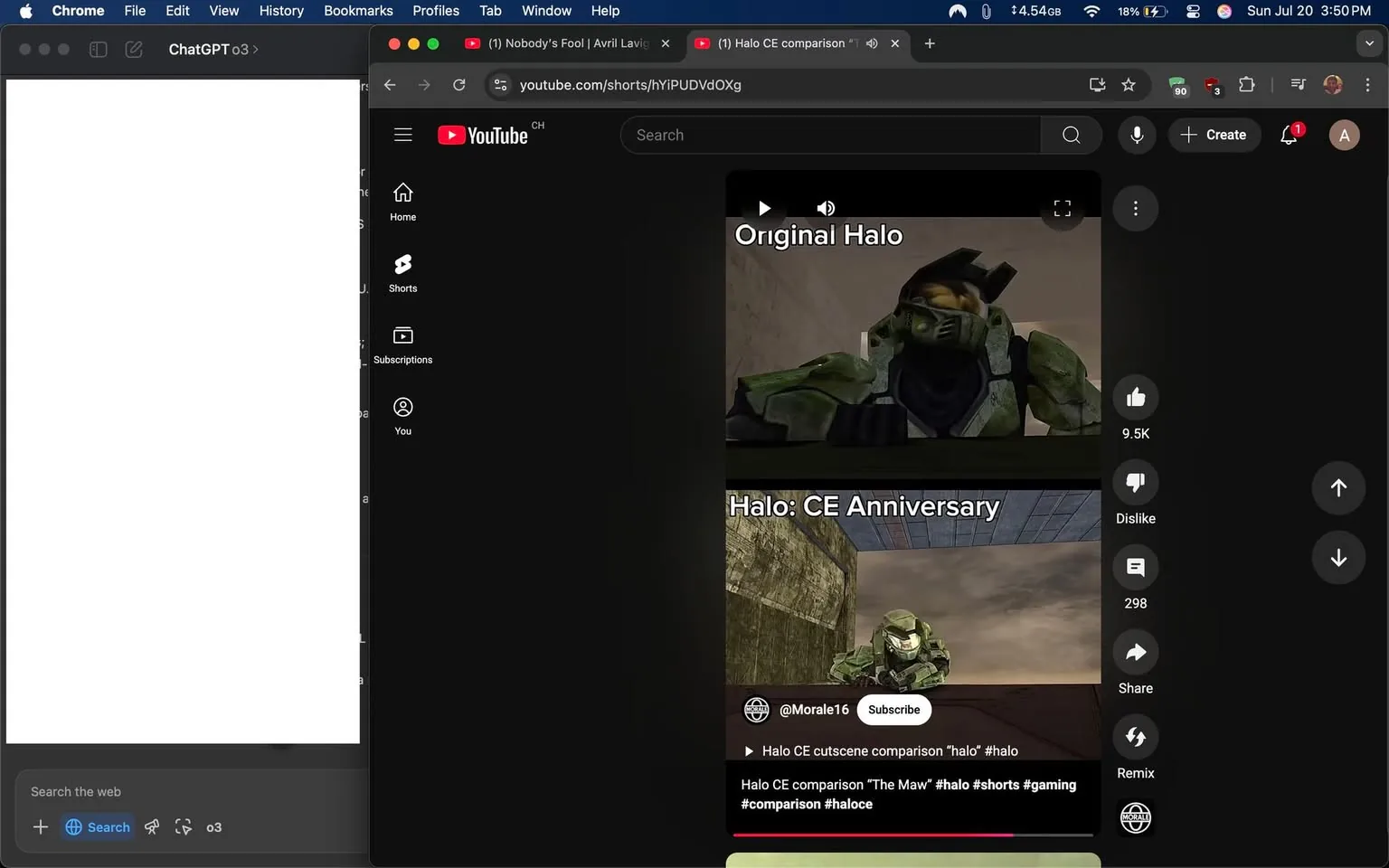 The image displays a split-screen view from a YouTube video. On the left side, there is a white space, likely a blank document or application window. On the right, the YouTube interface is visible in dark mode, featuring a video comparison titled "Halo CE comparison 'The Maw.'" 

The video showcases two scenes: the top half displays a character from the original "Halo" game, while the bottom half features the same character from the "Halo: CE Anniversary" version. Both characters are in green armor, with the top character appearing more pixelated and less detailed, indicative of the original game's graphics. The bottom character has enhanced graphics, showcasing improved textures and lighting.

Text overlays identify each segment: "Original Halo" at the top and "Halo: CE Anniversary" at the bottom. Below the video, there are engagement metrics showing 9.5K likes and 298 dislikes, along with a subscribe button for the channel named @Morale16. The overall tone suggests a nostalgic comparison of video game graphics, appealing to fans of the franchise.