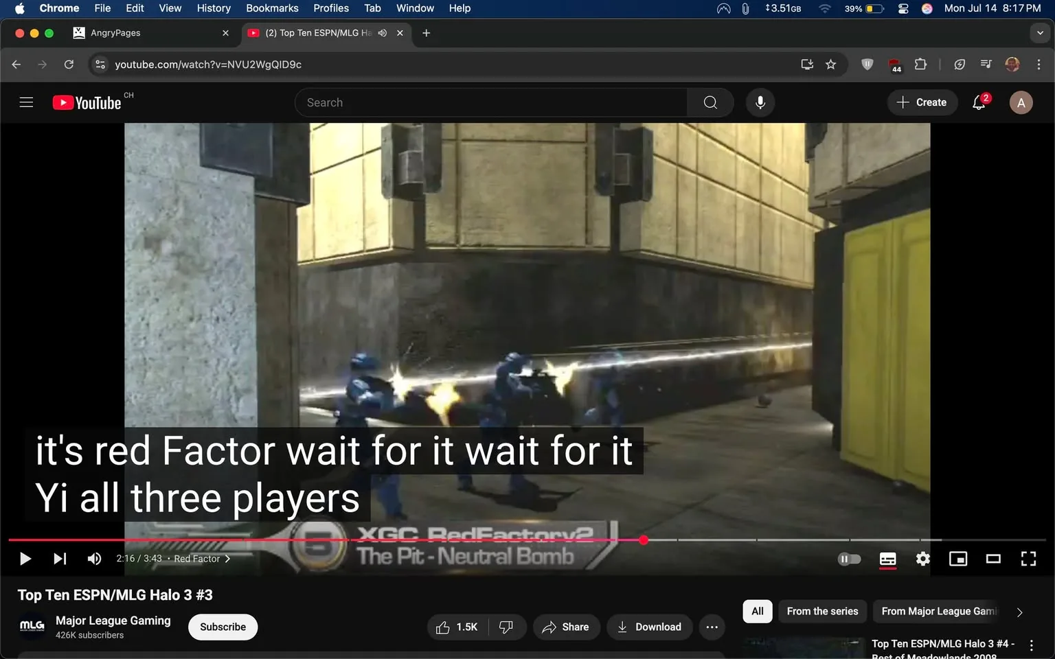 The image shows a scene from a video game, specifically "Halo 3," during a competitive match. In the foreground, three blue-armored characters are engaged in combat, firing weapons toward an unseen enemy. The characters are positioned closely together, suggesting teamwork and coordination. The background features a textured, industrial environment with concrete walls and a yellow door on the right side.

Text overlays indicate a commentary, stating, "it's red Factor wait for it wait for it Yi all three players," suggesting a tense moment in the gameplay. The tone appears to be excited and anticipatory, reflecting the high stakes of the match. The video is part of a series by Major League Gaming, indicated by the logo in the bottom left corner, which adds a competitive context to the scene. The overall mood is intense, highlighting the action and strategy involved in the game.
