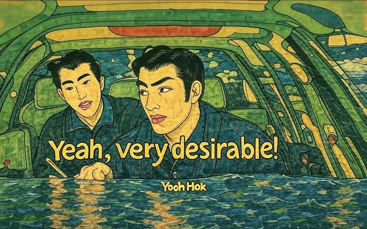 The image depicts two men inside a car at night. The man in the driver's seat has a serious expression, with furrowed brows and a focused gaze, suggesting tension or concern. He has short, light brown hair and is dressed in a dark shirt. The passenger, slightly behind him, appears more relaxed, with a slight smile, and is holding a card or photo in his hand, indicating a casual or informal moment. The passenger has short, dark hair and is wearing a black jacket.

The car's interior is dimly lit, with reflections from the outside city lights creating a moody atmosphere. The background shows blurred lights, hinting at an urban setting. The dialogue displayed at the bottom reads, "Yeah. Hot," which could imply a reaction to what the passenger is showing or discussing. The overall tone suggests a mix of seriousness from the driver and a more lighthearted demeanor from the passenger, hinting at a complex interaction.