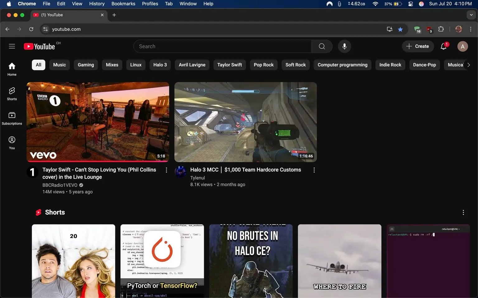 The image captures a screenshot of the YouTube homepage, presented in a dark mode theme that enhances the visual appeal and makes the content stand out. The layout is typical of YouTube, featuring a variety of video thumbnails arranged in a grid format.

In the upper left corner, the iconic red YouTube logo is prominently displayed, signaling the platform's branding. Below it, the search bar invites users to explore content, while various categories like "All," "Music," "Gaming," "Mixes," and more are neatly organized in a row, allowing for easy navigation.

The first video thumbnail showcases a performance by Taylor Swift, titled "Can't Stop Loving You (Phil Collins cover) in the Live Lounge." The image features Swift seated on a stool, dressed in a stylish outfit, surrounded by a group of backing vocalists. The warm lighting and cozy setting suggest an intimate musical experience, likely evoking feelings of nostalgia and admiration among fans. The video has garnered 14 million views, indicating its popularity.

Next to Swift's performance, there's a thumbnail for a gaming video titled "Halo 3 MCC | $1,000 Team Hardcore Customs." The image depicts an in-game scene from the popular video game "Halo 3," featuring a character aiming a weapon in a futuristic environment. The vibrant colors and action-oriented composition suggest excitement and engagement, appealing to the gaming community. The video has 8.1K views, indicating a niche but dedicated audience.

Below these featured videos, there is a section labeled "Shorts," showcasing a series of shorter video clips. One thumbnail features a couple lying on a bed, seemingly surprised or amused, which could hint at a comedic or relatable content theme. Another thumbnail displays a code snippet, likely related to programming, with the text "PyTorch or TensorFlow?" suggesting a tech-focused discussion. This variety in content highlights YouTube's diverse offerings, catering to different interests and demographics.

Further down, there are additional thumbnails, including one that humorously poses the question "NO BRUTES IN HALO CE?" alongside an image of a character from the game, and another featuring an aircraft in flight, accompanied by a text overlay that reads "WHERE TO FIRE." These thumbnails are designed to grab attention and spark curiosity, showcasing the playful and often humorous nature of online content.

Overall, the screenshot reflects the dynamic and multifaceted world of YouTube, where music, gaming, and educational content coexist. The dark theme enhances the visual experience, making the vibrant thumbnails pop and inviting users to click and explore. The array of content suggests a platform that values both entertainment and information, appealing to a wide range of viewers.