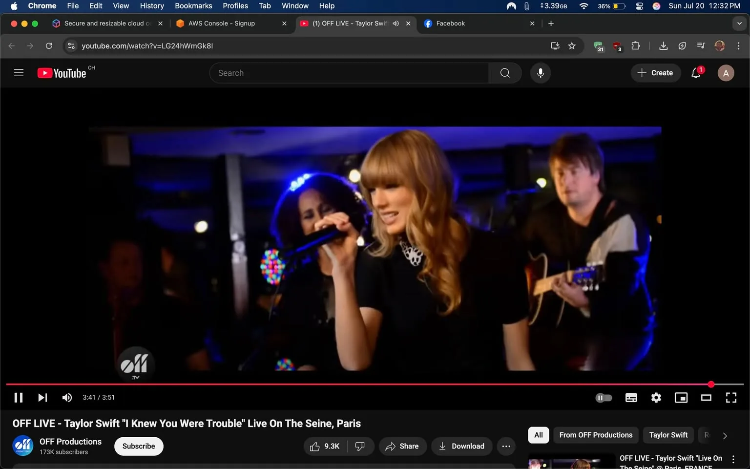 The image captures a vibrant moment from a live performance, likely set in an intimate venue, as suggested by the cozy lighting and the presence of a small audience. The focal point is a woman with long, wavy blonde hair, singing passionately into a microphone. She wears a black outfit that contrasts with her bright hair, and her expression conveys a mix of intensity and joy, fully immersed in the music. 

Behind her, another woman with curly hair stands, contributing to the performance. She appears to be harmonizing or providing background vocals, adding depth to the musical experience. To the right, a man plays an acoustic guitar, his focus on the instrument as he strums along with the melody. The atmosphere is lively, with colorful lights in the background, suggesting a festive ambiance that enhances the performance's energy.

The setting appears to be on a boat or near water, as indicated by the title "Live On The Seine, Paris." This detail adds a romantic and picturesque quality to the scene, evoking the charm of Parisian nights. The audience, although not fully visible, can be sensed in the background, contributing to the overall vibe of connection and shared experience.

The branding in the bottom left corner indicates that this performance is part of a production by "OFF Productions," which may suggest a focus on live music events. The video title, "Taylor Swift 'I Knew You Were Trouble,'" hints at the song being performed, a popular track known for its catchy melody and relatable lyrics about heartbreak and betrayal. This context adds an extra layer of excitement for fans who might recognize the song and the artist.

Overall, the image encapsulates a moment of artistic expression, showcasing the joy of live music and the connection between the performer and the audience. The combination of the setting, the performers' expressions, and the song choice creates a captivating scene that invites viewers to imagine the sounds and emotions filling the air.