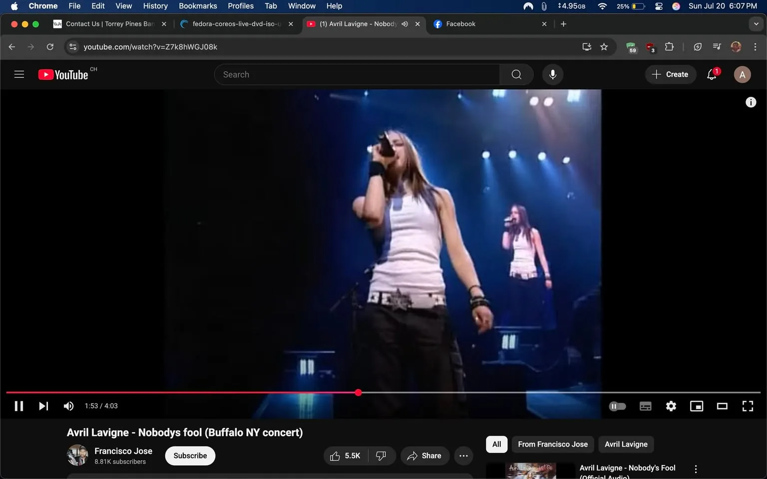 The image captures a moment from a live concert featuring a female performer, who appears to be singing passionately into a microphone. She is dressed in a simple yet stylish outfit, consisting of a white tank top and black pants. The tank top is fitted, and she has a belt that features a star design, adding a touch of flair to her look. Her long hair falls loosely around her shoulders, framing her face as she engages with the audience.

The stage is illuminated with dramatic lighting, casting a blue and purple hue that enhances the energetic atmosphere of the performance. In the background, there is a projection or a screen showing a second image of the performer, creating a layered effect that suggests she is in the spotlight, both literally and figuratively. This dual image adds depth to the scene, emphasizing her presence on stage.

The audience is likely captivated, as the performer exudes confidence and emotion, embodying the spirit of live music. The overall vibe is one of youthful exuberance and connection, typical of a rock or pop concert where the artist and fans share a moment of collective energy.

The video is titled "Avril Lavigne - Nobody's Fool (Buffalo NY concert)," indicating that this performance is part of a concert by the well-known artist Avril Lavigne. The title suggests themes of individuality and resilience, which are often present in her music. The setting, a concert in Buffalo, NY, adds a local touch, hinting at the artist's connection to her fans in that area.

The bottom of the image features a YouTube interface, with the video paused at 1:53 out of a total of 4:03, indicating that the viewer is in the midst of enjoying a live performance. The channel name, "Francisco Jose," suggests that this video is a fan-uploaded recording, capturing a piece of live music history.

Overall, the image conveys a sense of nostalgia for live performances, the thrill of music, and the powerful connection between an artist and her audience. The vibrant colors and dynamic composition make it an engaging snapshot of a moment filled with emotion and energy.