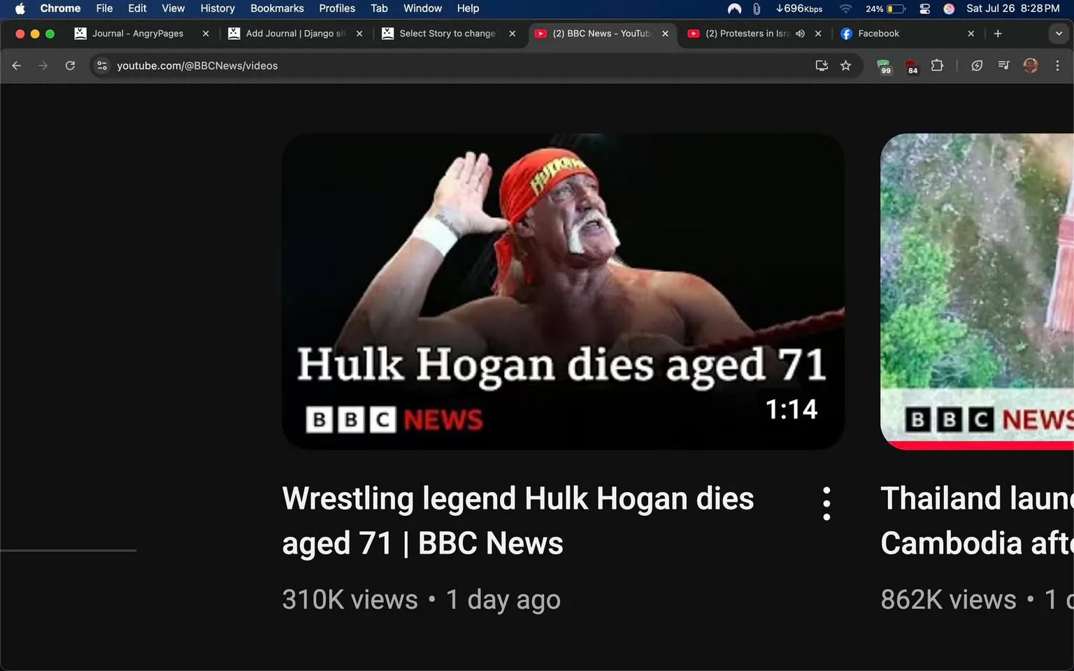 The image is a screenshot from YouTube, displaying a video thumbnail related to a news story. The background is predominantly dark, which helps the text and images stand out. 

In the foreground, there is a prominent image of a muscular man, who appears to be in the midst of a dramatic pose, raising one hand to his ear as if listening to a crowd or responding to cheers. He has long, blonde hair, a thick mustache, and is wearing a bright red bandana that has the word "HULK" emblazoned on it. His expression conveys a sense of excitement or intensity, typical of a wrestling persona. The man is shirtless, showcasing his well-defined physique, which is characteristic of professional wrestlers.

The text overlay on the thumbnail reads, "Hulk Hogan dies aged 71," in bold white letters, making it clear that the video discusses the death of this iconic figure. Below this, in smaller text, it states, "Wrestling legend Hulk Hogan dies aged 71 | BBC News," indicating that the source of the news is the BBC, a reputable news organization. The inclusion of the BBC logo adds credibility to the information presented.

The thumbnail also displays viewer engagement metrics, noting "310K views" and that the video was published "1 day ago," suggesting that the news has garnered significant attention shortly after being released.

The overall tone of the thumbnail is somber yet celebratory, reflecting the duality of mourning the loss of a legendary figure while also recognizing his impact on the world of professional wrestling. The use of a dramatic image and bold text is designed to capture the viewer's attention, drawing them into the story.

To the right of this thumbnail, there is another video thumbnail from the same source, titled "Thailand launches Cambodia after," which has a different visual theme. This juxtaposition highlights the variety of content available on the BBC News channel, but the focus remains on the first thumbnail, which is clearly meant to evoke a strong emotional response given the subject matter.

Overall, this image encapsulates the blend of news reporting and entertainment, particularly in the realm of sports and celebrity culture, where figures like Hulk Hogan hold a significant place in the hearts of fans. The thumbnail serves as a poignant reminder of the impact such personalities have on their audiences, and the way their legacies are remembered and celebrated even after their passing.