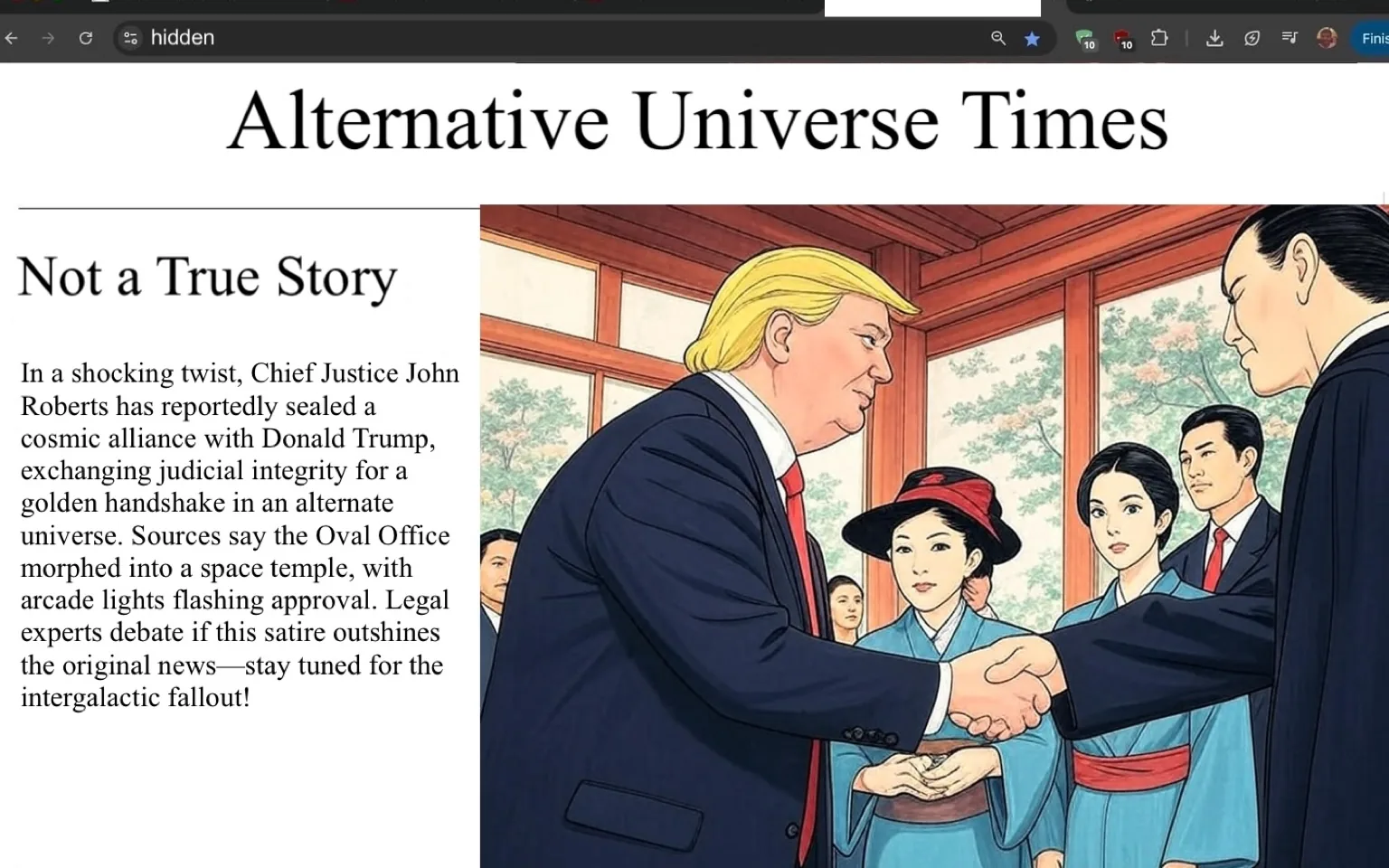 The image presents a lively scene set in a grand indoor location, likely a government building given the ornate architecture visible in the background. The walls are adorned with intricate carvings, and there is a large framed painting or portrait hanging prominently, suggesting a place of historical significance.

In the foreground, a well-known figure, characterized by his distinctive hairstyle and suit, is engaging in a dynamic interaction. He has a playful expression, with a slight smile and raised eyebrows, as he gestures animatedly with his right hand, pointing towards another individual. This figure appears to be a man in a black judicial robe, likely a judge or justice, who is smiling and leaning slightly forward, indicating a friendly exchange. The contrast between their attire—formal suit versus judicial robe—highlights the different roles they occupy.

Behind them, a group of individuals is visible, including a woman with a bright smile, dressed in a dark outfit and wearing a stylish hat. Her expression suggests she is amused or pleased by the interaction taking place. The overall atmosphere feels light-hearted and engaging, as if the moment captures a blend of camaraderie and formality.

The image conveys a sense of connection and interaction among prominent figures, possibly hinting at a significant event or ceremony. The expressions and gestures suggest a moment of levity amidst a formal setting, showcasing the human side of public figures. The lighting in the room is warm, enhancing the inviting feel of the scene.

Overall, the image encapsulates a moment rich in social interaction, reflecting the complexities of relationships within high-profile environments. The juxtaposition of the playful demeanor of the man in the suit with the serious context of the judicial figure creates an intriguing dynamic, inviting viewers to ponder the nature of their relationship and the broader implications of their roles in society.