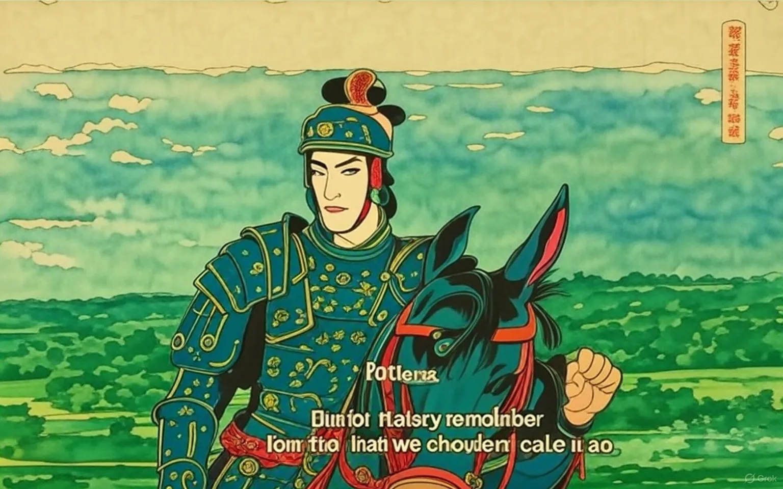 The image captures a dramatic moment from a historical or epic film, featuring a man dressed in ornate armor, indicative of a Roman or ancient warrior. He is mounted on a horse, which appears to be in motion, adding a sense of urgency and action to the scene. The man's expression is intense and passionate, suggesting he is delivering a powerful speech or rallying his troops. His mouth is open, emphasizing the fervor of his words, and his eyes convey determination and resolve.

The armor he wears is richly detailed, with intricate designs that reflect both status and the craftsmanship of the time. The helmet is adorned with a crest, and the overall ensemble suggests he is a leader or a figure of significant importance in the narrative. The horse, partially visible, has a strong build, and its ears are perked up, indicating alertness and readiness for action.

The background features a lush, green landscape, with rolling hills and a cloudy sky that casts a somewhat dramatic light over the scene. The colors are muted yet vibrant, contributing to the epic atmosphere. The greenery suggests a battlefield or a location of historical significance, possibly hinting at a moment of conflict or a pivotal turning point in a story.

The text overlay reads, "But let history remember that as free men we chose to make it so," which adds depth to the visual. It implies themes of freedom, choice, and the weight of history, suggesting that the character is addressing a group of followers or soldiers, urging them to fight for their liberty or a noble cause. This line resonates with notions of heroism and sacrifice, common in stories centered around battles for freedom.

Overall, the image is rich in emotion and context, capturing a moment that is both visually striking and thematically profound. It evokes feelings of inspiration and courage, drawing the viewer into the narrative of struggle and the quest for autonomy. The combination of the character's commanding presence, the detailed armor, and the evocative landscape creates a compelling tableau that speaks to the timeless nature of such stories in human history.