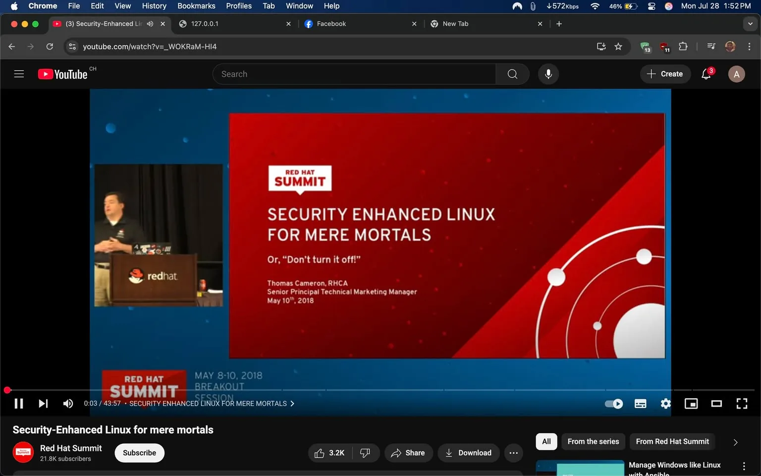 The image captures a moment from a presentation at the Red Hat Summit, specifically focusing on a session titled "Security Enhanced Linux for Mere Mortals." The event appears to be a tech conference, likely aimed at professionals interested in Linux security.

On the left side of the image, a speaker stands at a podium, engaged in delivering his talk. He is dressed in a black polo shirt, which likely features the Red Hat logo, suggesting he is affiliated with the company. His expression conveys enthusiasm and confidence, indicating he is passionate about the topic he is discussing. The podium has a Red Hat branding element, reinforcing the corporate identity of the event.

To the right, a presentation slide is prominently displayed. The slide features a bold red background with white text that reads "SECURITY ENHANCED LINUX FOR MERE MORTALS," followed by a subtitle that humorously states, "Or, 'Don't turn it off!'" This playful tone suggests that the speaker aims to make the complex topic of Linux security more accessible to a broader audience, perhaps demystifying it for those who may feel intimidated by technical jargon.

The slide also includes the speaker's name, Thomas Cameron, along with his title as Senior Principal Technical Marketing Manager, and the date of the presentation, May 10th, 2018. This information adds a personal touch and context to the presentation, allowing the audience to understand the speaker's credentials and the relevance of the session.

The background of the slide features a design with circular patterns, which may symbolize connectivity or technology, enhancing the visual appeal of the presentation. The overall color scheme of red and white aligns with Red Hat's branding, creating a cohesive visual identity throughout the event.

In the bottom section of the image, there is a YouTube interface visible, indicating that this presentation is being streamed or recorded for an online audience. The video has garnered a notable number of views and likes, suggesting that the topic resonates with viewers. The presence of the "Subscribe" button implies that the channel is dedicated to sharing content related to the Red Hat Summit, making it a valuable resource for those interested in Linux and open-source technologies.

The atmosphere of the image conveys a sense of community and learning, as attendees likely share a common interest in enhancing their understanding of Linux security. The speaker's engagement with the audience, coupled with the informative nature of the presentation, suggests a dynamic exchange of ideas, which is often a hallmark of tech conferences.

Overall, the image encapsulates a moment of knowledge sharing in the tech world, emphasizing the importance of security in Linux systems while making it approachable for all levels of expertise. The combination of branding, speaker presence, and engaging content creates a vivid snapshot of a professional gathering dedicated to advancing understanding in the field of technology.