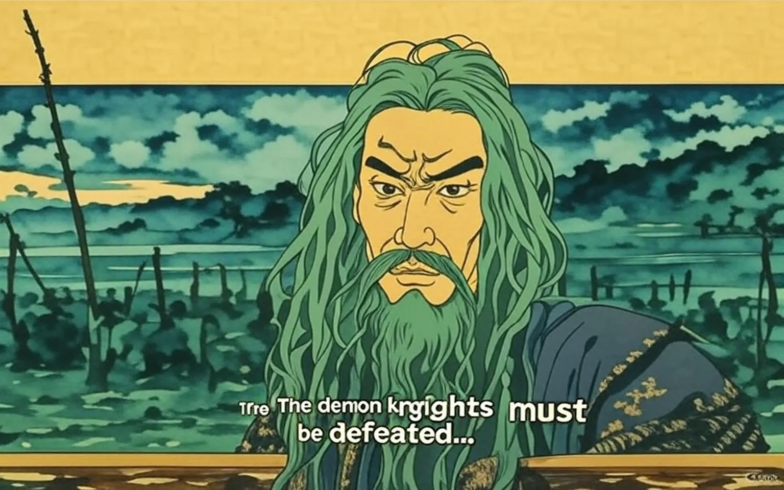 In this image, we see a solemn figure, a man with long, flowing hair and a thick beard, standing in a desolate landscape. His expression is one of deep contemplation or concern, with his eyes closed and a furrowed brow, suggesting he is grappling with a heavy thought or revelation. The man appears to be in a medieval or fantasy setting, likely a warrior or a sage, given his rugged appearance and the leather armor he wears, which is adorned with intricate details.

The background is shrouded in a misty, ethereal atmosphere, with a muted color palette dominated by shades of green and blue. This creates a sense of foreboding and mystery, enhancing the gravity of the man's statement: "The knights are demons." This line suggests a narrative steeped in conflict and perhaps betrayal, hinting at a deeper story involving knights who may not be what they seem.

In the distance, we can see a blurred crowd, possibly an army or a gathering of people, their forms indistinct and ghostly due to the fog. This adds to the tension of the scene, as it implies that there is a larger conflict at play, one that the man is acutely aware of. The mist and the muted colors contribute to an overall feeling of unease, as if the viewer is witnessing a pivotal moment in a larger tale of war and deception.

The man's demeanor and the ominous backdrop evoke a sense of impending doom, making the viewer curious about the circumstances that led to this moment. Is he a prophet warning of an impending disaster? A warrior disillusioned by the true nature of his allies? The ambiguity invites speculation and adds depth to the scene.

Overall, the image captures a moment of introspection against a backdrop of tension and uncertainty, drawing the viewer into a narrative filled with intrigue and potential conflict.