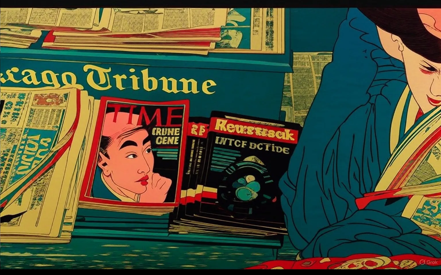 The image captures a moment at a newspaper stand, prominently featuring a green box labeled "Chicago Tribune." The box is filled with various newspapers and magazines, creating a vibrant tableau of printed media. 

At the forefront, a striking issue of *TIME* magazine stands out with its bold red cover. The headline reads "DOCTOR DEATH," accompanied by a photograph of a man with a thoughtful expression, resting his chin on his hand. This cover suggests a serious or controversial topic, likely related to medical ethics or a notable figure in the medical community.

Next to the *TIME* magazine, a stack of *Newsweek* magazines can be seen, their covers adorned with the title "in'ter-active," hinting at themes of technology and interactivity. The vibrant red of the *Newsweek* cover contrasts with the more subdued tones of the surrounding newspapers, drawing the viewer's eye.

In the background, several newspapers are visible, including a copy of *USA Today*, identifiable by its characteristic layout and logo. The papers are stacked haphazardly, suggesting a busy newsstand that caters to a diverse audience looking for the latest headlines.

To the right of the image, a person's hand is visible, holding a newspaper. The hand appears to be casually resting on a knee, indicating a relaxed moment, perhaps while waiting or taking a break. The individual's attire is casual, with blue denim visible, adding to the everyday atmosphere of the scene.

The overall composition of the image evokes a sense of nostalgia for print media in a digital age. It captures the essence of a bustling city life, where people engage with news and information in tangible forms. The juxtaposition of serious topics on the magazine covers with the casual setting of a newspaper stand reflects the complexity of modern life, where weighty issues coexist with the mundane.

The colors in the image are rich and varied, with the deep green of the newspaper stand providing a grounding element against the bright reds and whites of the magazines. The lighting appears natural, suggesting that this scene could be taking place outdoors or in a well-lit area, enhancing the inviting feel of the newsstand.

Overall, this image serves as a snapshot of a moment in time, encapsulating the culture of reading and the importance of staying informed, while also hinting at the changing landscape of media consumption. It invites viewers to reflect on their own interactions with news and information, whether through print or digital means.