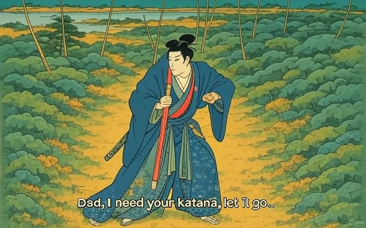 In this evocative scene, we see a figure clad in a flowing, dark robe, kneeling on a lush, green patch of grass. The atmosphere is thick with a mystical, almost ethereal quality, enhanced by a greenish hue that envelops the surroundings. This color palette creates a dreamlike ambiance, suggesting a moment of deep significance or emotional weight.

The figure, who appears to be a young man, is holding a sword with both hands, gripping it tightly as he bows his head. The sword is ornate, gleaming in the soft light, and its design suggests it holds great importance—perhaps a symbol of power, heritage, or destiny. The young man's posture conveys a mix of reverence and desperation, as if he is pleading for something monumental to occur. The caption beneath the image, "Father, please let loose your sword," adds layers of emotional depth, indicating a plea for permission or guidance from a paternal figure.

The background is sparse, with hints of distant structures or poles that might suggest a battlefield or a ceremonial site. The grass is lush and vibrant, contrasting with the somber mood of the scene. This juxtaposition of life and the weight of the moment creates a tension that draws the viewer in, inviting them to ponder the significance of the sword and the relationship between the young man and his father.

The overall tone of the image is one of solemnity and anticipation. The young man's expression, though not fully visible, suggests a deep emotional struggle, possibly reflecting themes of duty, legacy, or the burden of expectation. The green light casts an otherworldly glow, enhancing the sense that this moment is not just a physical act but a pivotal point in a larger narrative.

This scene could be interpreted as a moment of transition—perhaps a rite of passage or a call to action. The sword, often a symbol of conflict and resolution, hints at the challenges that lie ahead. The young man's plea suggests an inner conflict, torn between his desires and the weight of his lineage.

In summary, this image captures a powerful moment filled with emotional resonance, rich symbolism, and a sense of impending change. The visual elements work together to create a narrative that invites contemplation and engagement, leaving the viewer curious about the story that unfolds beyond this moment.