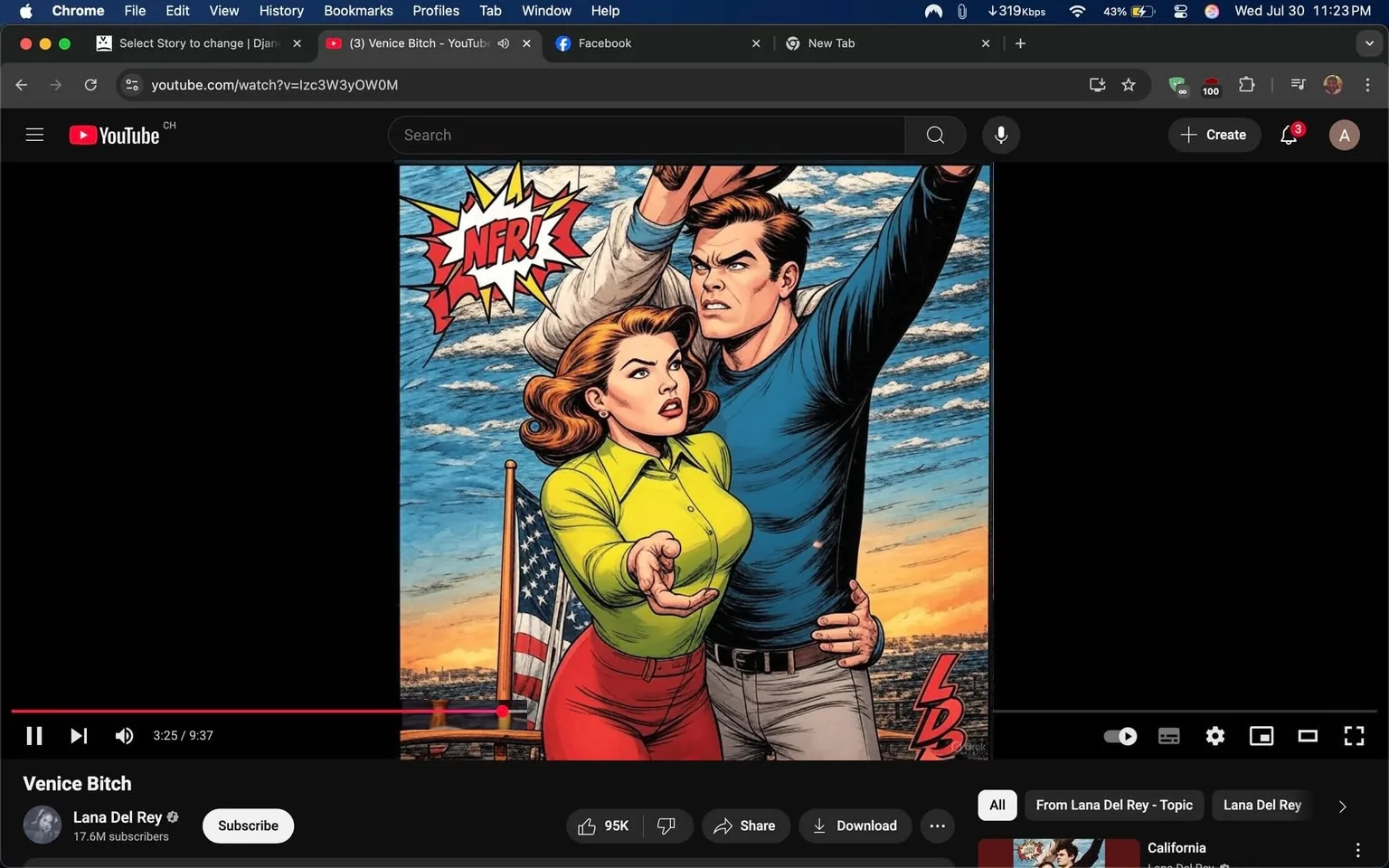 The image features a vibrant and stylized album cover for the song "Venice Bitch" by Lana Del Rey. The artwork is rich in color and composition, capturing a nostalgic and cinematic feel. 

In the foreground, two figures are prominently displayed. A woman, dressed in a bright green, semi-transparent jacket, leans closely to a man, who is wearing a fitted black shirt. The woman has a confident yet dreamy expression, her gaze directed slightly off to the side, suggesting a sense of longing or contemplation. Her hair is styled in soft waves, framing her face and adding to the ethereal quality of the image. The man stands beside her, his posture relaxed yet assertive, with one arm extended outward as if inviting the viewer into their world. He has a serious expression, which contrasts with the woman's more playful demeanor.

Behind them, an American flag can be seen, fluttering gently, which adds a layer of Americana to the scene. The background features a bright blue sky with soft clouds, suggesting a serene coastal setting, likely indicative of Venice Beach, California. The water below reflects the warm hues of the sunset, creating a dreamy atmosphere that complements the overall theme of nostalgia.

In the top left corner, there’s a comic-style speech bubble with the text "NFR!" This likely refers to Lana Del Rey's album "Norman F***ing Rockwell!" which adds a playful and modern twist to the artwork. The use of this pop-art element contrasts with the otherwise romantic and cinematic aesthetic, creating a unique blend of styles.

The bottom right corner features the initials "LDR," which are commonly associated with Lana Del Rey, further solidifying the branding of the artist. The overall color palette is warm and inviting, with shades of blue, green, and hints of orange, evoking feelings of summer and freedom.

The composition of the image suggests a narrative, perhaps of love, adventure, and the complexities of relationships. The juxtaposition of the characters' expressions—her dreamy allure and his serious demeanor—invites viewers to interpret their story, leaving room for imagination and personal connection.

The album cover encapsulates the essence of Lana Del Rey's music, which often explores themes of love, loss, and the American experience, all wrapped in a lush, cinematic style. The artwork is not just a visual representation but an extension of the emotions and stories conveyed in her songs, making it a fitting introduction to "Venice Bitch."