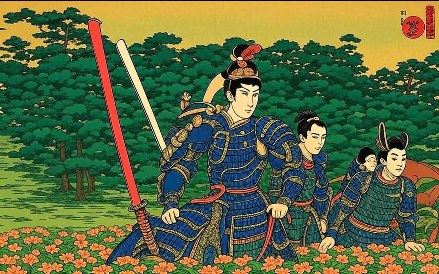 The image depicts a dramatic scene featuring two armored figures on horseback, set against a backdrop of lush greenery and a misty atmosphere. The lighting suggests it might be early morning or late afternoon, with a soft, diffused glow filtering through the trees, creating an almost ethereal quality.

In the foreground, the prominent figure on the left is a knight or warrior, dressed in ornate armor that glistens subtly in the light. His armor is detailed, featuring intricate designs that suggest a high rank or status. He wears a helmet adorned with a plume, which adds a regal touch to his appearance. His expression is focused and determined, indicating that he is either preparing for battle or surveying the surroundings for potential threats. In his right hand, he holds a long spear, its tip gleaming, hinting at readiness for action.

The horse he rides is equally impressive, clad in protective gear that matches the warrior's armor. The horse’s head is turned slightly, giving a sense of alertness, as if it senses the tension in the air. The animal's powerful build and the intricate detailing of its armor contribute to the overall sense of strength and readiness.

To the right, another armored figure rides alongside the first. This second warrior appears slightly less prominent but still carries an air of authority. He holds a sword, poised and ready, suggesting a sense of camaraderie and shared purpose between the two. His armor is similarly detailed, though perhaps less ornate than that of the first warrior. The expression on his face is serious, reflecting the gravity of their situation.

The background is filled with dense trees, their leaves a vibrant green, contrasting with the darker tones of the warriors' armor. A slight mist hangs in the air, adding a layer of mystery and tension to the scene. The ground is covered in lush grass, which suggests a peaceful setting that contrasts sharply with the warriors' readiness for battle.

Overall, the image conveys a sense of anticipation and readiness for conflict. The warriors, with their impressive armor and weapons, embody the themes of bravery and honor, typical of epic tales of battle and heroism. The natural setting enhances the drama, creating a vivid tableau that invites viewers to imagine the story unfolding beyond the frame. The combination of the warriors' expressions, their poised stances, and the atmospheric backdrop evokes a feeling of impending action, making the viewer curious about the events that might follow.