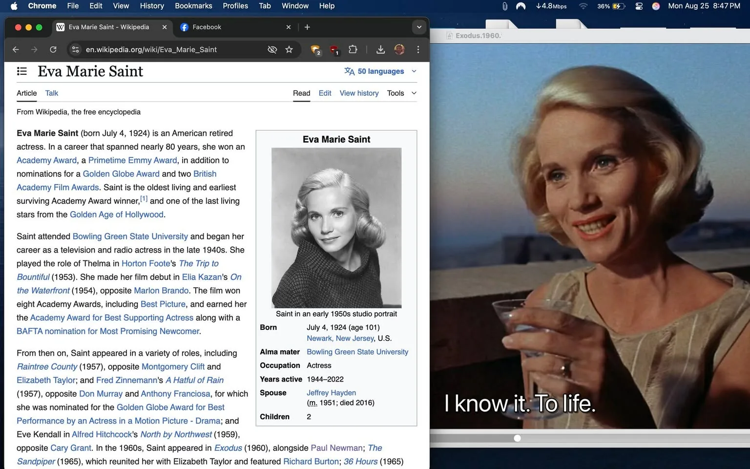 Eva Marie Saint's Wikipedia page is shown on the left side of the split screenshot, featuring information about her career as an actress. A black and white studio portrait of Eva Marie Saint from the early 1950s appears on this side, capturing her with a poised expression, wearing a dark textured sweater. Key biographical details like her birthdate, notable awards, and film achievements are highlighted.

On the right side, a still image from the film "Exodus" portrays Eva Marie Saint raising a glass, smiling warmly. Wearing a striped sleeveless dress, she is outdoors at what appears to be sunset, indicated by the subtle colors of the sky in the background. Her expression is joyful and engaging. She is captured mid-conversation, evident from the subtitles that read, "I know it. To life." Her blond hair is styled elegantly, complementing the soft lighting of the scene. The environment hints at a leisurely setting, possibly a gathering or a toast. This combination of website information and film scene provides a vibrant overview of her cinematic contributions.

- Title: "Eva Marie Saint - Wikipedia"
- Site / app: "en.wikipedia.org"
- Captions / subtitles: "I know it. To life."