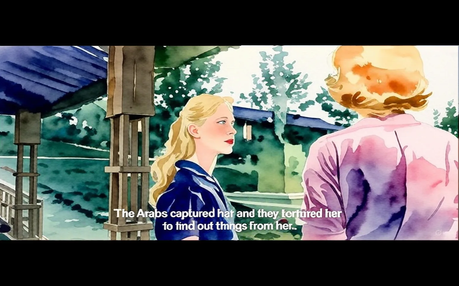 1) Description:
- This illustration depicts a scene from the movie "Exodus (1960)" featuring Jill Haworth. It shows two women engaged in conversation outdoors. The woman on the left, with blonde hair, is facing another woman with short hair, who is seen from behind. The setting includes greenery and a structure with wooden beams, suggesting a park or garden. The mood appears serious, reflecting the dialogue in the subtitles.

2) On-screen text block:
- Captions / subtitles: "The Arabs captured her and they tortured her to find out things from her.."