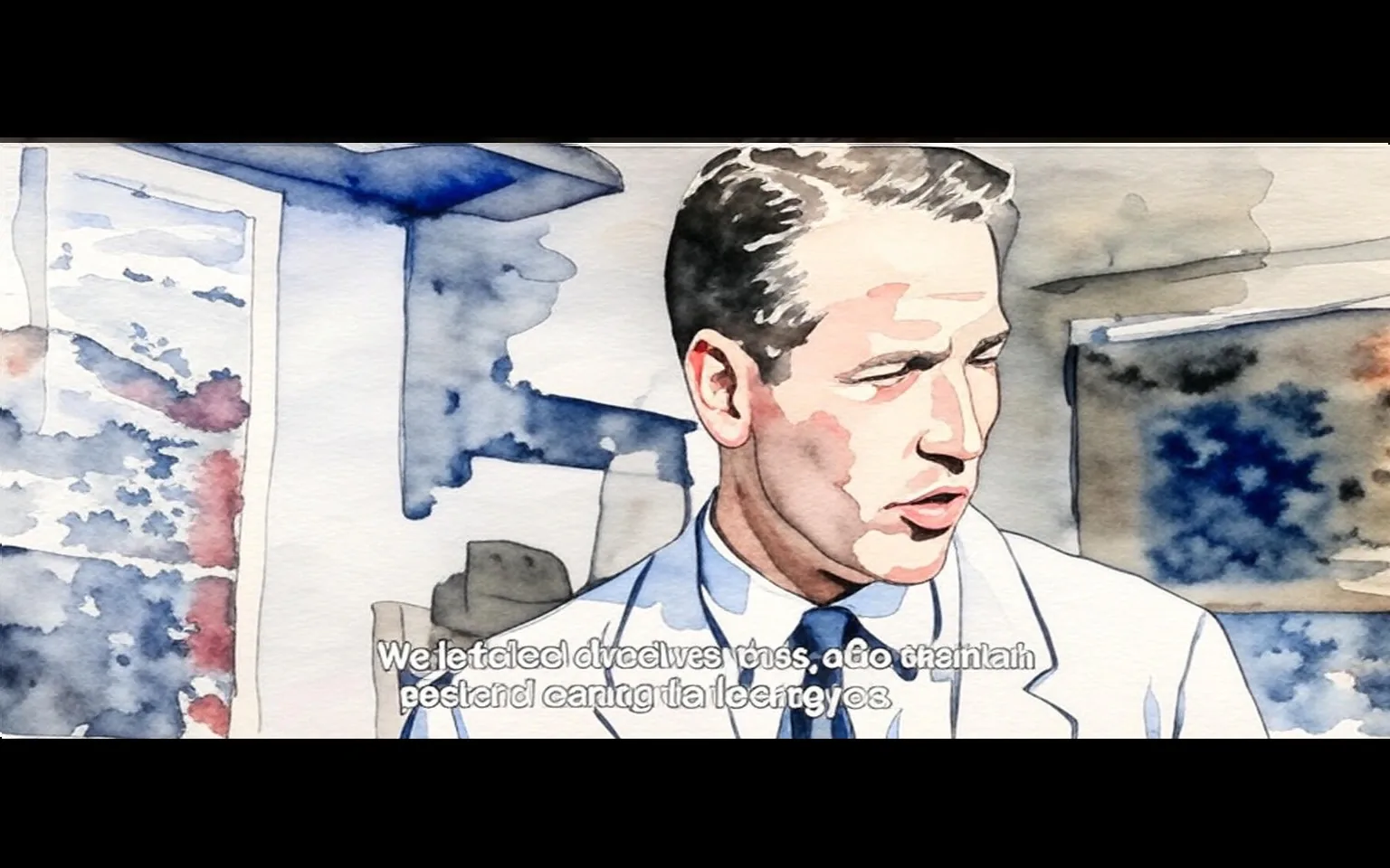 The image is a watercolor illustration depicting a scene from the movie "Exodus" (1960). It features a man, identified by the hint as Paul Newman, dressed in a suit with a white shirt and blue tie. The setting appears to be indoors, possibly an office or a room with a window in the background. The art style is characterized by soft, fluid brushstrokes, typical of watercolors, giving the scene a dreamlike quality. The man's expression is serious, suggesting a moment of intense conversation or contemplation. The color palette is dominated by blues and neutrals, contributing to a calm yet somber atmosphere. Subtitles are present, although they appear to be nonsensical, indicating perhaps a stylized artistic choice rather than direct dialogue transcription. The use of watercolor adds a unique, artistic dimension to the portrayal of this cinematic moment.

- Captions / subtitles: "We let aleel duelvees tross, a&o chainlain peestrend carung tla leerrieyos"