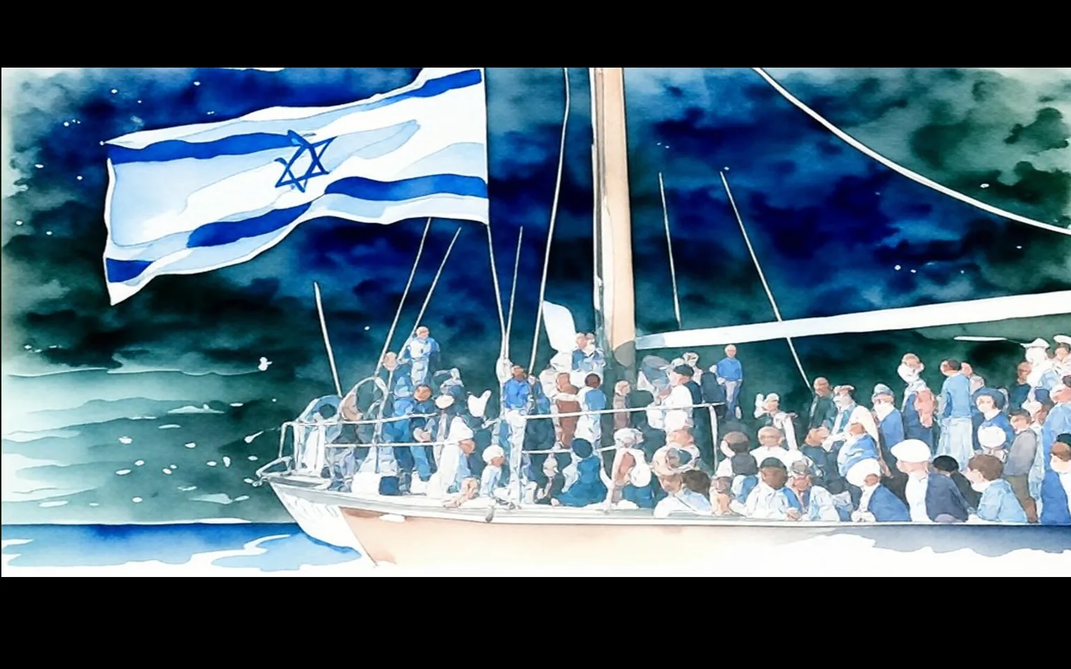 The illustration captures a scene inspired by the movie "Exodus (1960)." This artistic rendering features a group of people gathered on a ship under a starry night sky. In the foreground, a prominent Israeli flag waves fiercely, its blue and white colors standing out against the dark hues of the night. The deck is crowded with figures, suggesting a moment of significance or anticipation as everyone appears to be focused on a particular event or direction, although individual expressions are subtle in the watercolor style.

The individuals on the ship, dressed mostly in shades of blue and white, echo the colors of the flag, reinforcing the theme of unity or national pride. The boat itself is sailing on a calm sea, and the starlit sky adds to the solemn and hopeful atmosphere. The watercolor technique provides a fluid, organic feel to the scene, blending the figures and the environment in a harmonious manner. The mast and rigging of the ship are visible, suggesting a traditional sailing vessel, which aligns with the historic context of the story.

There is no visible text or titles on the image itself.