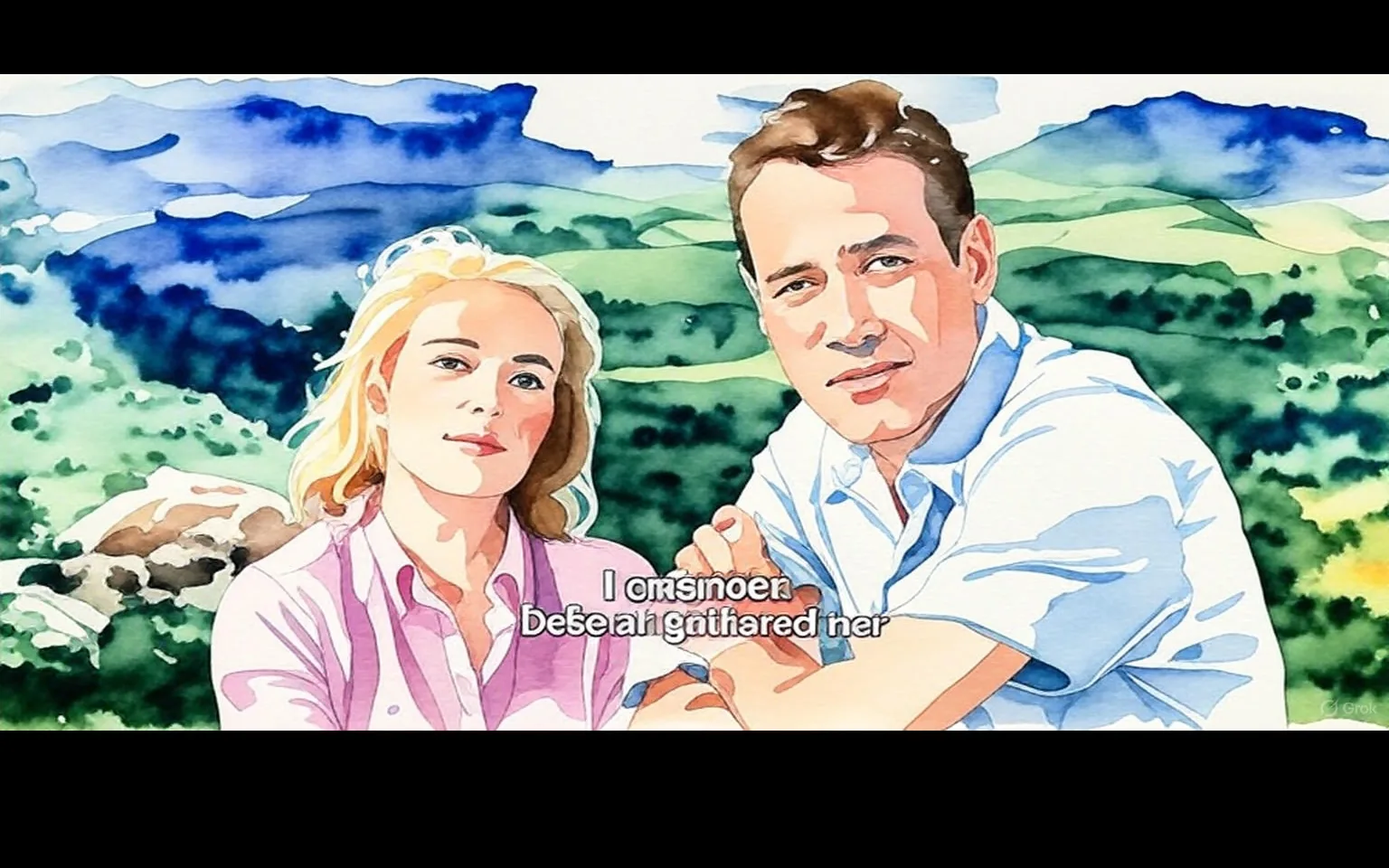 1) Description:
- This illustration depicts Eva Marie Saint and Paul Newman from the movie "Exodus" (1960). They are portrayed in a serene outdoor setting with a lush, green landscape and mountains in the background. Both are dressed in casual attire, with Eva Marie Saint in a pink shirt and Paul Newman in a light blue shirt. Their expressions are calm and contemplative, suggesting a moment of reflection.

2) On-screen text block:
- Captions / subtitles: "I omsnoen befeal gathered ner"