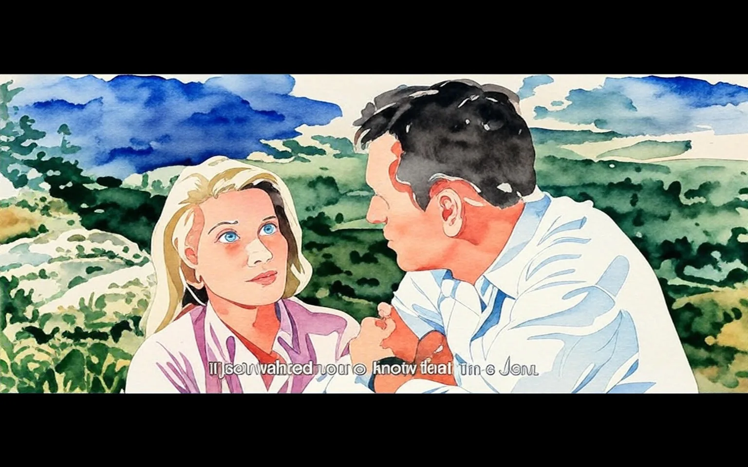 This illustration depicts a scene from the movie "Exodus" (1960), featuring Eva Marie Saint and Paul Newman. The artwork is rendered in watercolor with vibrant and expressive colors, capturing the emotional intensity of a pivotal moment. Eva Marie Saint is portrayed with blonde hair and a thoughtful expression, gazing intently at Paul Newman, who appears to be speaking earnestly. Their attire is indicative of the era, with Saint wearing a light-colored blouse and Newman in a collared shirt. The background is a lush, scenic landscape with rolling hills and a cloudy sky, enhancing the dramatic tone of the scene. The subtitled text at the bottom reads, "I just wanted you to know that I'm a Jew," hinting at a significant dialogue exchange. The style of the illustration, with its fluid brushstrokes and realistic yet interpretative approach, adds a unique artistic touch to the cinematic moment.