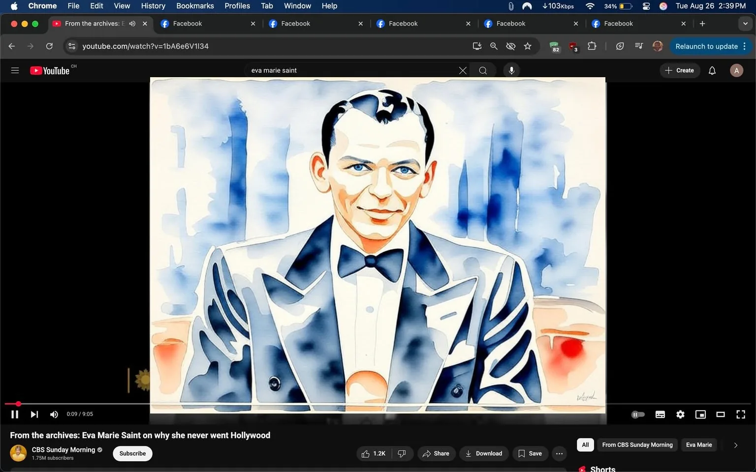 This screenshot from YouTube features an illustration of Frank Sinatra. The video is titled "From the archives: Eva Marie Saint on why she never went Hollywood" and is from the channel CBS Sunday Morning. The illustration shows Frank Sinatra in a tuxedo with a watercolor style background.