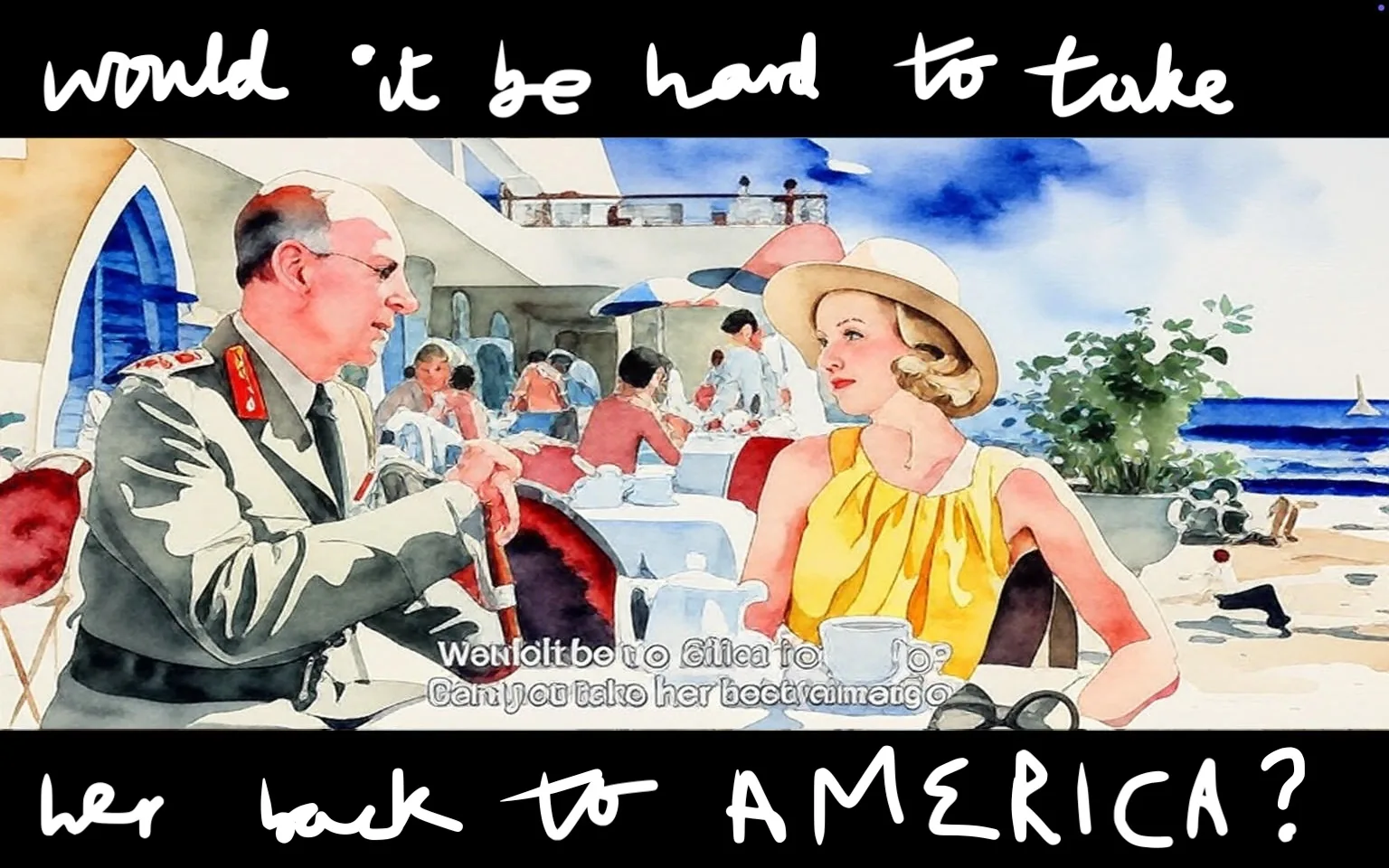 1) The image is an illustration depicting a scene from the movie "Exodus (1960)" featuring Eva Marie Saint in conversation with a man in a military uniform at a beachside café.

2) Captions / subtitles: "Would it be too difficult to", "Can you take her back to America?"

3) The illustration shows two people seated at a table in an outdoor café by the beach. Eva Marie Saint is wearing a yellow dress and a hat, while the man is in a military uniform. The setting includes other patrons, tables, and a view of the sea with a sailboat in the background.