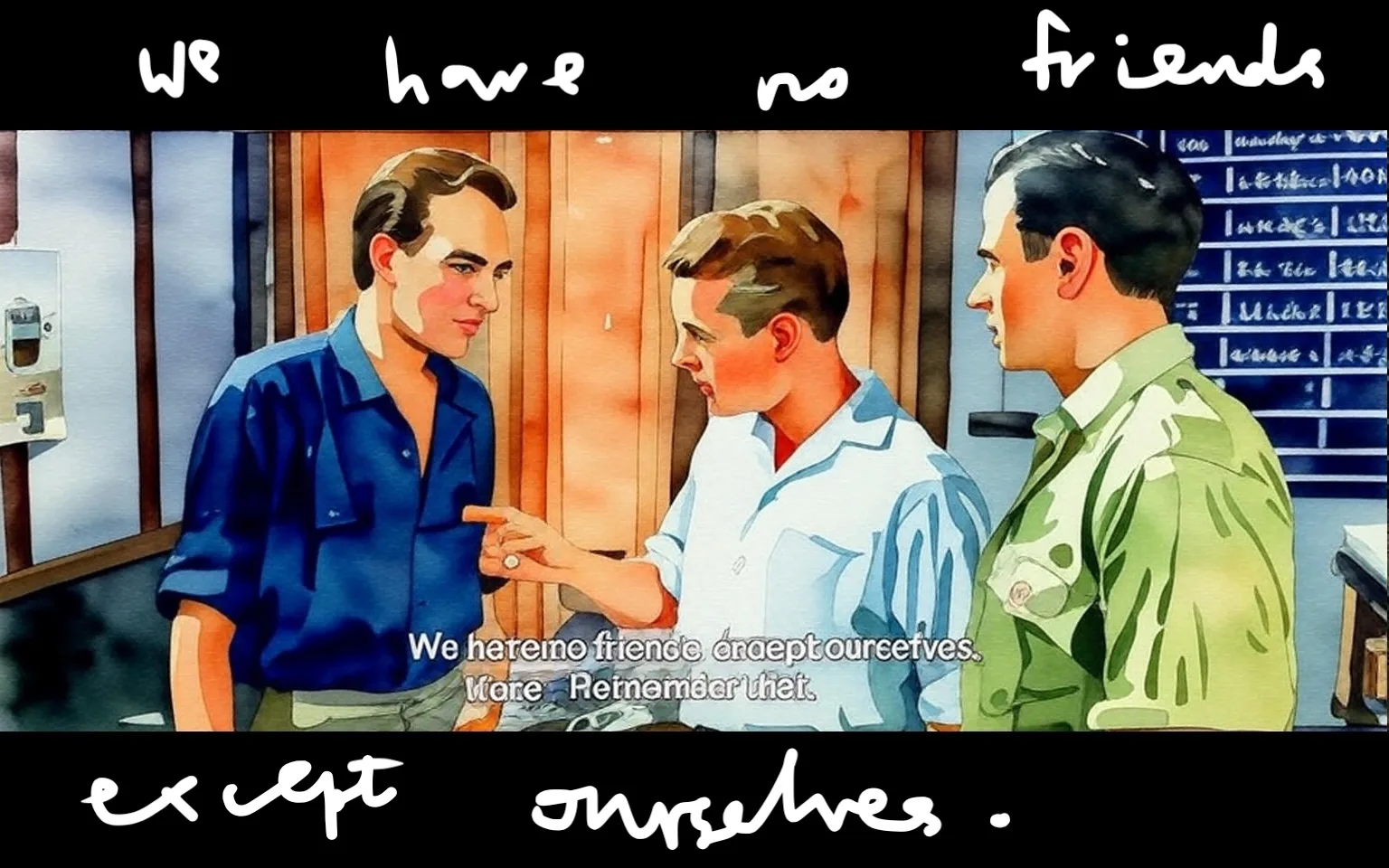 1) The image shows Paul Newman in a scene from the movie "Exodus (1960)" engaged in a conversation with two other men indoors.
2) Captions / subtitles: "We have no friends except ourselves. Remember that."
3) Scene details:
- The setting is indoors with a warm color palette.
- A chalkboard with writing is visible in the background.
- The men are standing close, engaged in a serious discussion.
