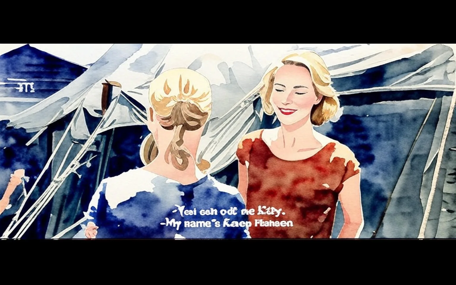 1) The image shows Eva Marie Saint engaging in a conversation with another person in an outdoor setting with tents in the background.

2) Captions / subtitles: "- Yei cah oot ne Lidy.", "- My name's Kaep Fiaheen"

3) 
- The setting appears to be outdoors, possibly during the day.
- Tents are visible in the background, suggesting a camp or temporary setup.
- Eva Marie Saint is smiling, indicating a friendly interaction.