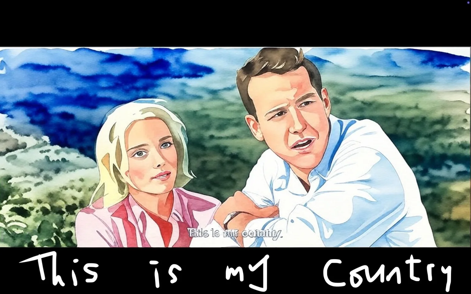 The illustration depicts a scene from the movie "Exodus" (1960) featuring Eva Marie Saint and Paul Newman. The characters are positioned in the foreground against a lush, mountainous landscape, suggesting an outdoor setting. Eva Marie Saint is shown with light blonde hair, wearing a pink and white striped top, looking calmly towards the viewer. Paul Newman is depicted with short brown hair, wearing a light blue shirt, with an expressive, engaged demeanor as he looks to the side. The artwork uses a watercolor style, with soft, blended colors, enhancing the serene and natural atmosphere of the scene. The text "This is my country" is displayed in the center, reflecting the theme of belonging and identity.

- Captions / subtitles: "This is my country."