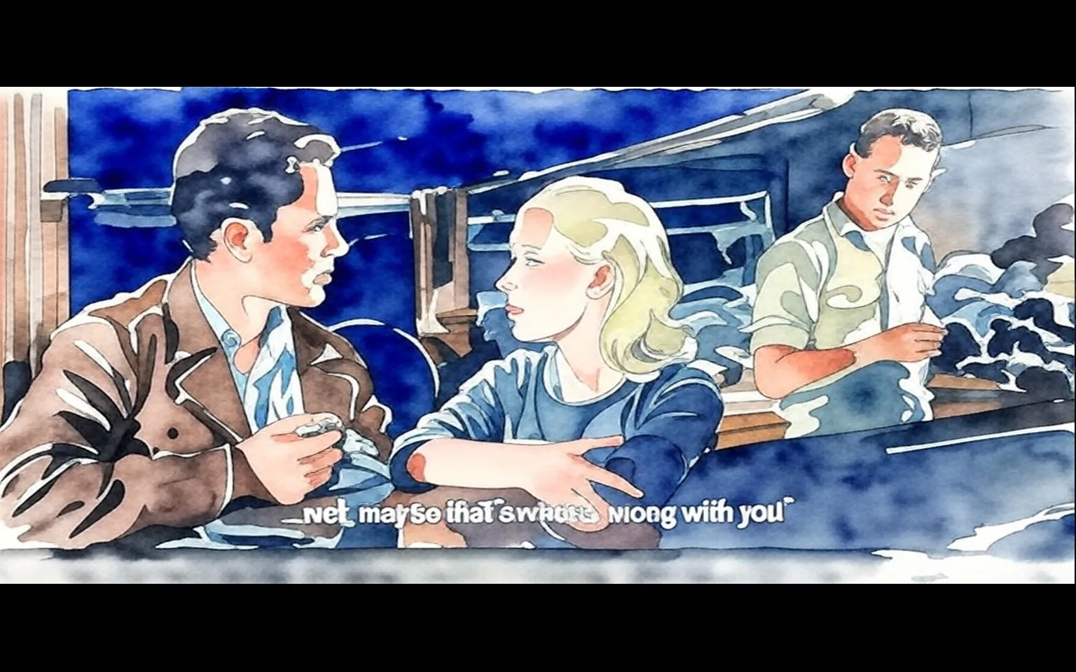 The image is an illustration depicting a scene from the movie "Exodus (1960)" featuring Jill Haworth and Paul Newman.

- Captions / subtitles: "...net maybe that's wrong with you"

The illustration shows three people in a room, with Jill Haworth and Paul Newman engaged in a conversation. The setting appears to be indoors at night, with another person in the background. The scene conveys a sense of drama and discussion.