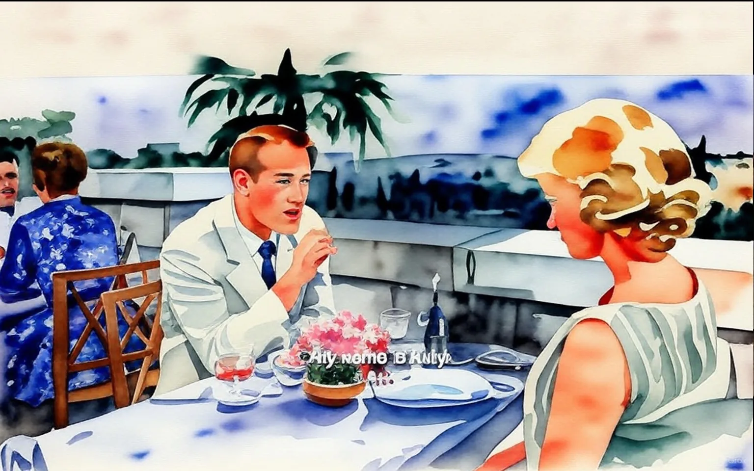 The image is an illustration depicting a scene from the movie "Exodus (1960)" featuring Eva Marie Saint and Paul Newman.

- Captions / subtitles: "My name is Kitty."

The illustration shows two people, identified as Eva Marie Saint and Paul Newman, sitting at an outdoor dining table. They are engaged in a conversation, with a scenic view and palm trees in the background. The table is set with plates, glasses, and a small vase of flowers.