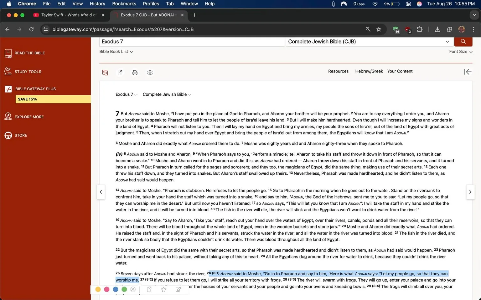 1) The image shows a screenshot of a Bible passage from Exodus 7 in the Complete Jewish Bible on Bible Gateway.
2) On-screen text block:
- Title: "Exodus 7 CJB - But ADONAI said to Moshe..."
- Site / app: "Bible Gateway"
3) The screenshot displays a webpage with text from the Bible. The browser interface is visible, showing tabs and a URL bar. The passage is from Exodus 7, and the text is part of the Complete Jewish Bible translation.