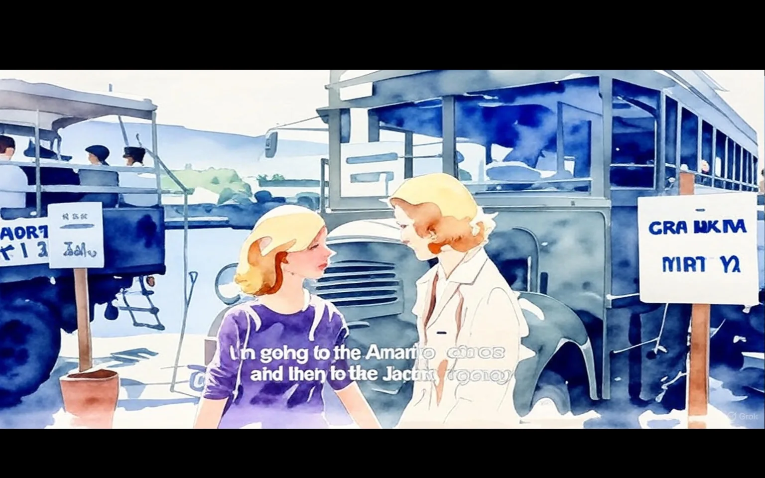 1) The image is an illustration depicting a scene from the movie "Exodus (1960)" with Eva Marie Saint and Jill Haworth in conversation.

2) - Captions / subtitles: "I'm going to the Amari... and then to the Jac..."

3) The illustration shows two women, identified as Eva Marie Saint and Jill Haworth, standing near a bus. They appear to be engaged in a conversation. The setting is outdoors with a bus and signs in the background, suggesting a transit or travel scene. The style is watercolor, giving it a soft, artistic look.