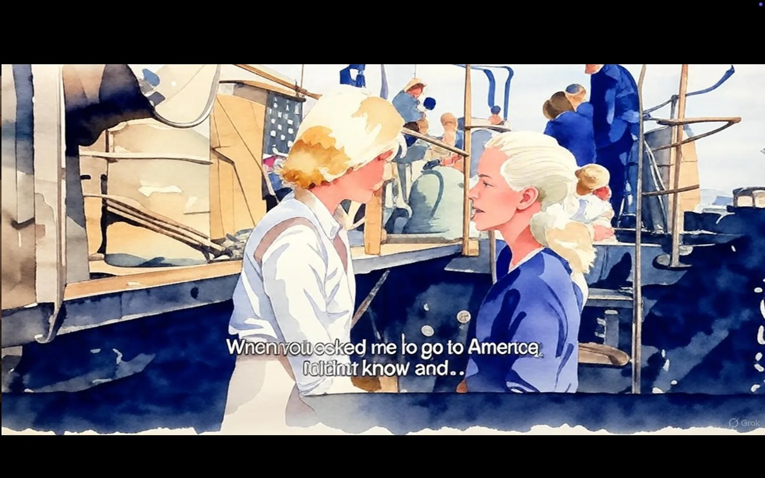 1) The image shows an illustrated scene from the movie "Exodus (1960)" featuring Eva Marie Saint and Jill Haworth in conversation on a ship.

2) Captions / subtitles: "When you asked me to go to America, I didn't know and..."

3) Two women, identified as Eva Marie Saint and Jill Haworth, are engaged in a conversation on the deck of a ship. The setting includes other people in the background, suggesting a busy maritime environment. The illustration style is watercolor, giving the scene a soft, artistic appearance.
