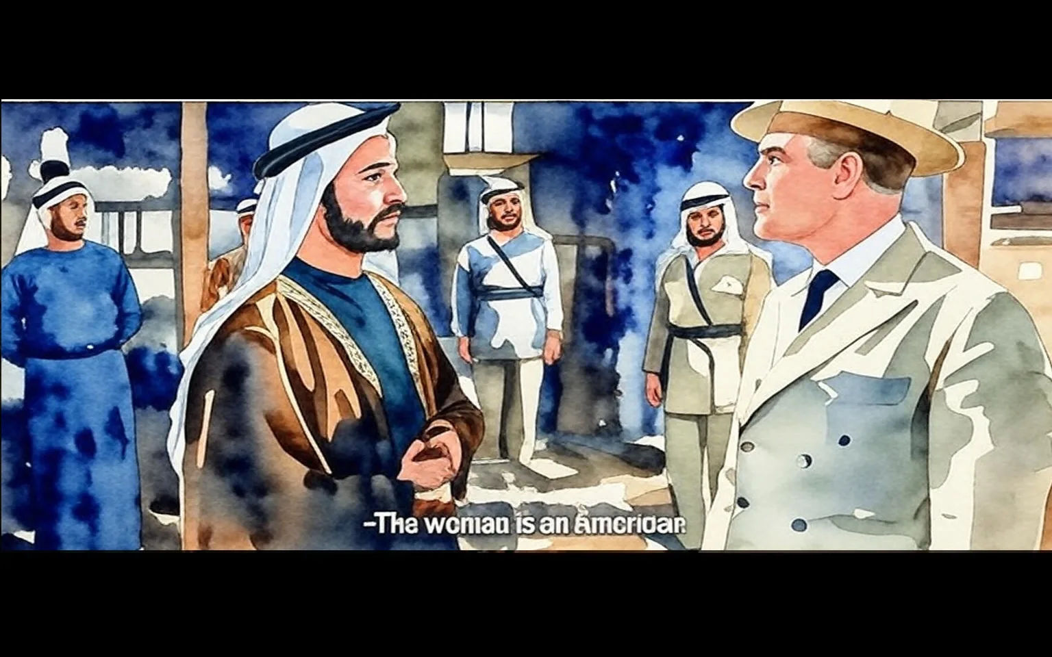 1) The image is an illustration depicting a scene from the movie "Exodus (1960)" with characters engaged in conversation.
2) Captions / subtitles: "The woman is an American"
3) The illustration shows several men, some in traditional Middle Eastern attire and one in a suit and hat, standing outdoors. The scene appears to be a conversation, with the central figures facing each other. The background includes additional figures and architectural elements.