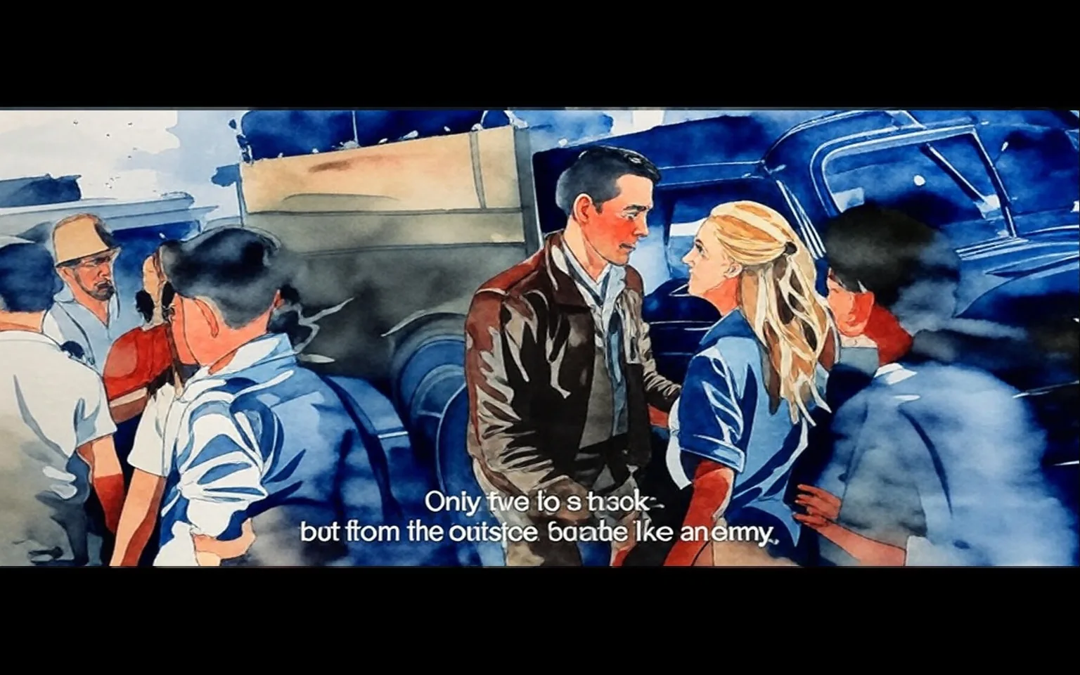 1) The image shows an illustrated scene with two people in conversation amidst a crowd near vehicles.

2) 
- Captions / subtitles: "Only five to s hook but from the outside loathe like an enemy."

3) The illustration features a man and a woman talking closely, surrounded by several other people. The setting appears to be outdoors with vehicles in the background, and the style is watercolor-like.