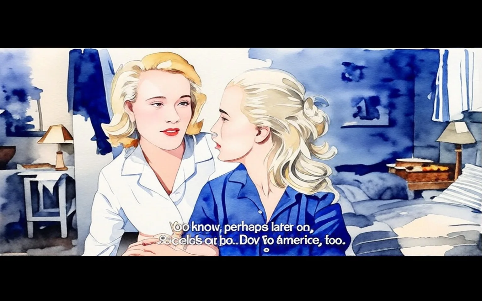 The image is an illustrated scene from the movie "Exodus" (1960) featuring Eva Marie Saint and Jill Haworth.

- Captions / subtitles: "You know, perhaps later on, 99 cels at ba.. Dov to America, too."

The illustration shows two women, identified as Eva Marie Saint and Jill Haworth, sitting in a bedroom setting. They appear to be engaged in a conversation, with one looking at the other. The room is decorated in blue tones, with a bed, lamps, and a nightstand visible.