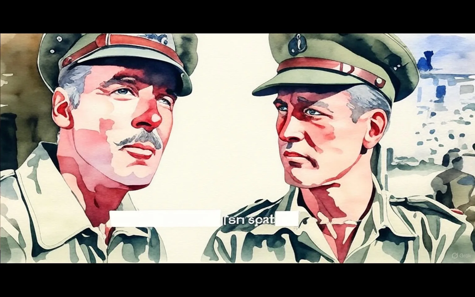 1) The image is an illustration depicting a scene from the movie "Exodus (1960)" featuring Paul Newman in a military setting.

2) Captions / subtitles: "Isn't spat"

3) The illustration shows two men in military uniforms and caps, engaged in a conversation outdoors. The style is watercolor, with one of the men identified as Paul Newman based on the hint. The background suggests a military environment.