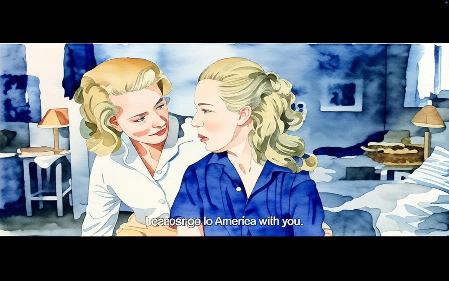 1) The image is an illustration depicting a scene from the movie "Exodus (1960)" featuring Eva Marie Saint and Jill Haworth in conversation.

2) Captions / subtitles: "I caressroe lo America with you."

3) The illustration shows two women, identified as Eva Marie Saint and Jill Haworth, sitting closely together in a room. One woman is wearing a white shirt, and the other is in a blue shirt. The setting includes a bed, a lamp, and a basket, suggesting a cozy indoor environment.