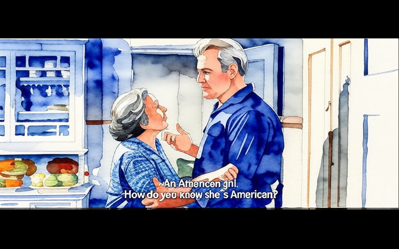 1) The image shows an illustrated scene from the movie "Exodus (1960)" with two characters in conversation.
2) Captions / subtitles: "An American girl.", "How do you know she's American?"
3) The illustration depicts an older woman and a man in a kitchen setting, engaged in a conversation. The woman is wearing a blue checkered outfit, and the man is in a blue shirt. The background features kitchen cabinets and some food items on a counter.