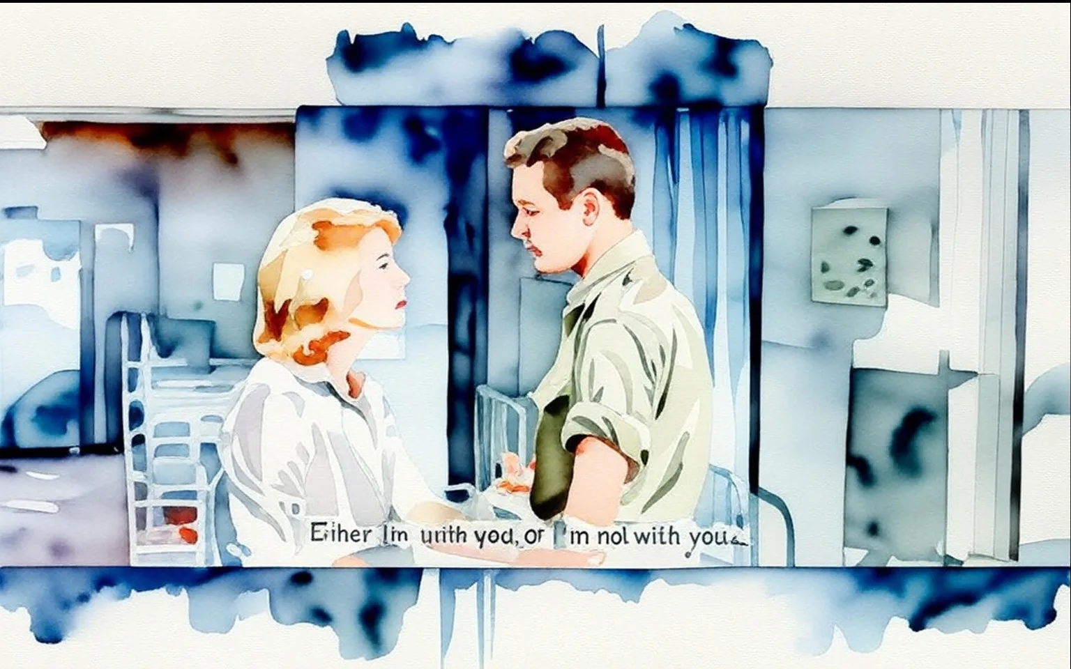 1) The image shows a watercolor-style illustration of a scene from the movie "Exodus" (1960) featuring two characters in a conversation.

2) - Captions / subtitles: "Either I'm with you, or I'm not with you."

3) The illustration depicts a man and a woman standing close to each other in an indoor setting, engaged in a serious conversation. The background is softly blurred, suggesting an intimate or private moment. The style is artistic, with a watercolor effect giving it a dreamy appearance.