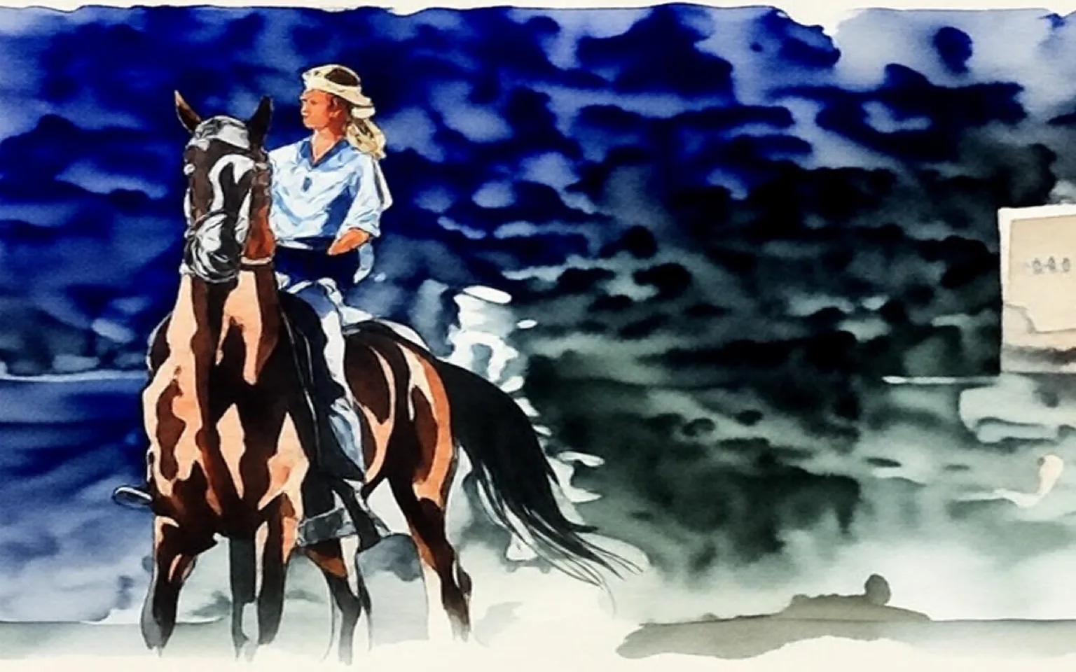 1) The image mainly shows a person riding a horse in a watercolor-style illustration.
2) 
- Key OCR Lines: "26 (8:1) Yahweh said to Moses, “Go in to Khamenei and say to him, ‘Here is what Netanyahu says: “Let the hostages go, they have nothing to do with this---they are just kids." I don't see verse 26 here!: )But, wait, here it is--- Like an American🇺🇸 Like an American Ooh-"

3) The illustration depicts a person wearing a hat and light clothing, riding a horse against a dark, cloudy background. The style is watercolor, giving it a soft, artistic appearance. The scene appears to be set outdoors, possibly in a rural or natural setting.