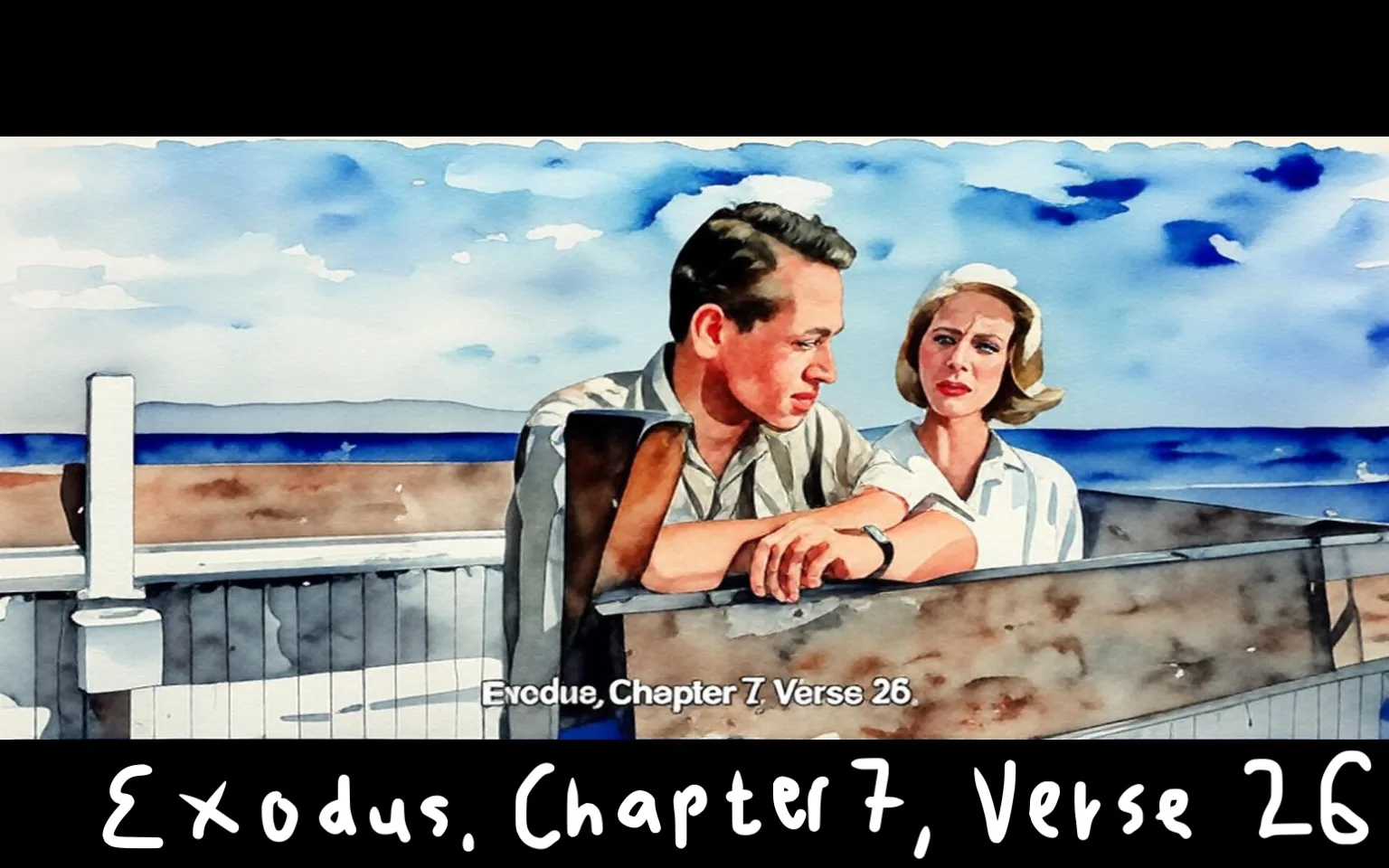 1) The image is an illustration of a scene from the movie "Exodus (1960)" featuring Eva Marie Saint and Paul Newman.

2) Title: "Exodus, Chapter 7, Verse 26"
   Captions / subtitles: "Exodus, Chapter 7, Verse 26."

3) The illustration shows two people, Eva Marie Saint and Paul Newman, leaning on a wooden railing by the beach. The setting is outdoors with a clear blue sky and ocean in the background, suggesting a calm and contemplative moment.