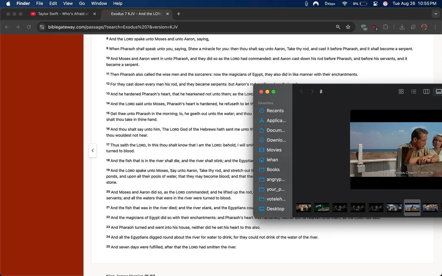 1) The image shows a computer screen with a Bible passage from Exodus 7 on a website, alongside a scene from the movie "Exodus" (1960).

2) On-screen text block:
- Title: "Exodus 7 KJV - And the LORD spake unto Moses and unto"
- Site / app: "biblegateway.com"
- Captions / subtitles: "Exodus, Chapter 7, Verse 26."

3) The screenshot includes a web browser displaying a Bible passage and a Finder window showing a scene from the movie "Exodus" (1960) with two people on a porch. The browser is open to BibleGateway, and the Finder window shows a thumbnail of the movie scene.