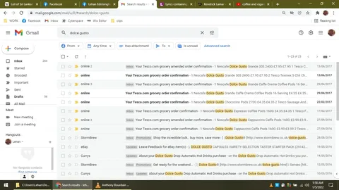 This image is a screenshot of a Gmail inbox belonging to Lehan Edirisinghe. The search term "dolce gusto" is used to filter emails, as indicated by the highlighted text throughout the emails listed. The inbox is organized with labels such as "Inbox," "Starred," "Snoozed," etc., visible on the left side.
Several emails from Tesco.com appear, each confirming grocery orders including Nescafe Dolce Gusto products like Grande, Cappuccino, and Espresso. The emails are dated between 2016 and 2017, showing a history of online purchases. Some emails are from other senders like StormBrew, eBay, and Currys, with varied subject lines regarding promotions and feedback requests.
The Gmail interface shows typical features, such as the compose button, labels, and Hangouts section. The interface is clean, with the primary color scheme being white and grey, accented with colored labels and highlighted search terms. Browser tabs at the top indicate other sites such as Facebook and Wikipedia being open.