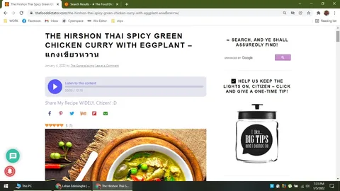 The screenshot displays a webpage from "The Food Dictator" featuring a recipe titled "THE HIRSHON THAI SPICY GREEN CHICKEN CURRY WITH EGGPLANT." The webpage is designed with a clean layout and includes a large, bold title at the top. Below the title, it notes the date of publication as January 4, 2022, by The Generalissimo, who seems to be the author. There is an audio option to listen to the content, indicated by a purple play button. The page encourages readers to share the recipe widely with various social media icons displayed, including Facebook, Pinterest, Twitter, and others.
To the right side of the page, there is an appeal for donations to support the site, presented with a playful graphic of a tip jar labeled "I like... BIG TIPS and I cannot lie." Below the text, there is an image of the Thai green chicken curry in a white bowl, resting on a wooden surface, garnished with fresh ingredients like eggplant and red chili peppers. The overall feel of the webpage is inviting and enthusiastic, appealing to food enthusiasts interested in trying out the recipe.