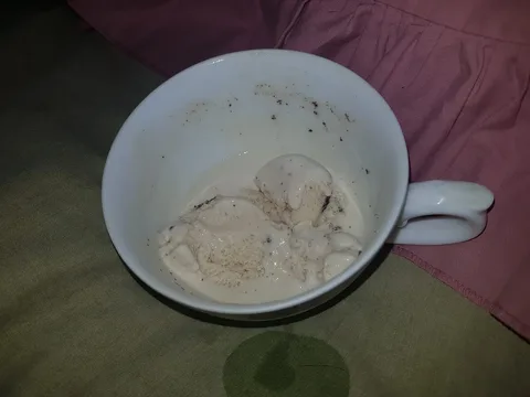 This image displays a white mug containing partially melted ice cream, placed against a pink and green fabric background. The ice cream appears to be a creamy color with small dark flecks, suggesting it could be a flavor like cookies and cream or something similar. The lighting is somewhat dim, casting shadows inside the mug and highlighting the texture of the ice cream. The fabric in the background adds a casual and cozy ambiance, possibly indicating a relaxed setting. The overall mood is casual and inviting, suggesting a moment of quiet indulgence. The mug is plain and white, with a simple handle visible on the right side. There are no visible brandings or text on the mug or within the image. The composition focuses on the mug, making it the central element in the photograph.